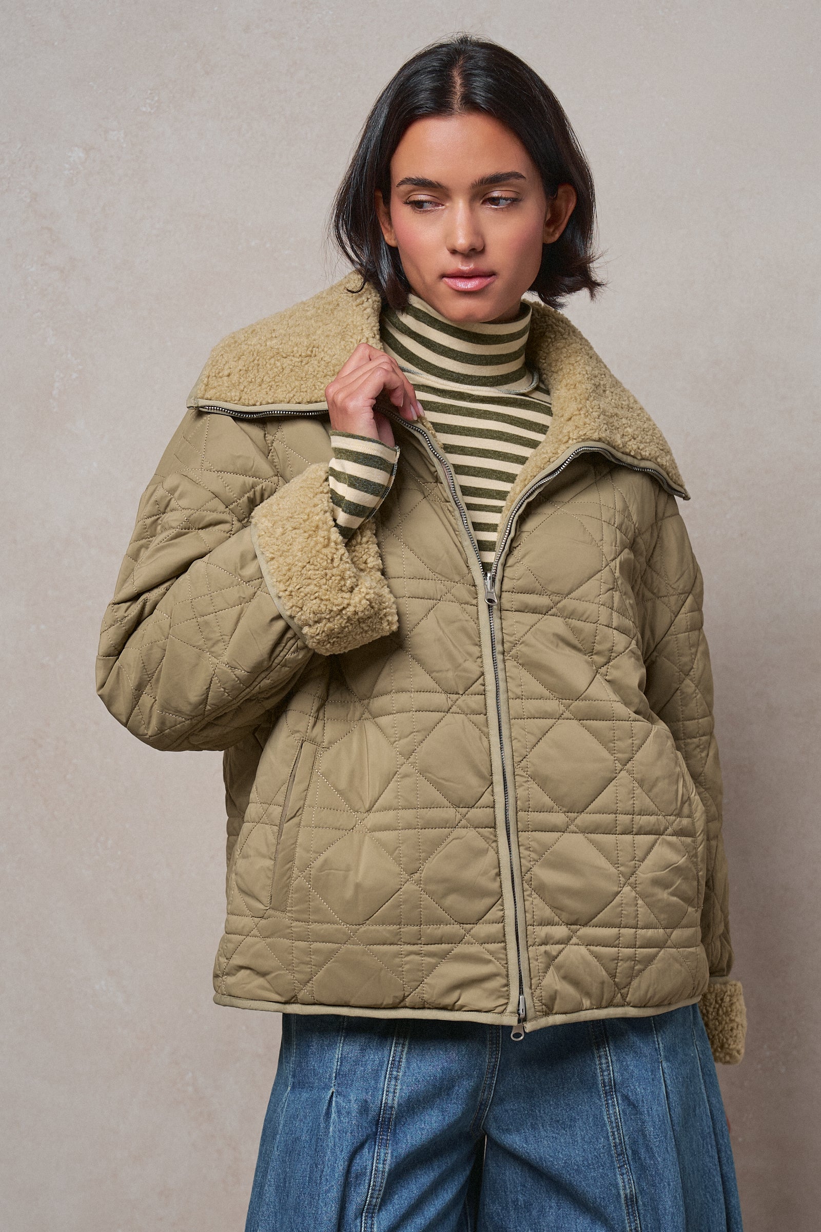 Quilted Sherpa Collar Zip-Up Puffer Jacket in OLIVE - Women's Fashion | Urban Daizy