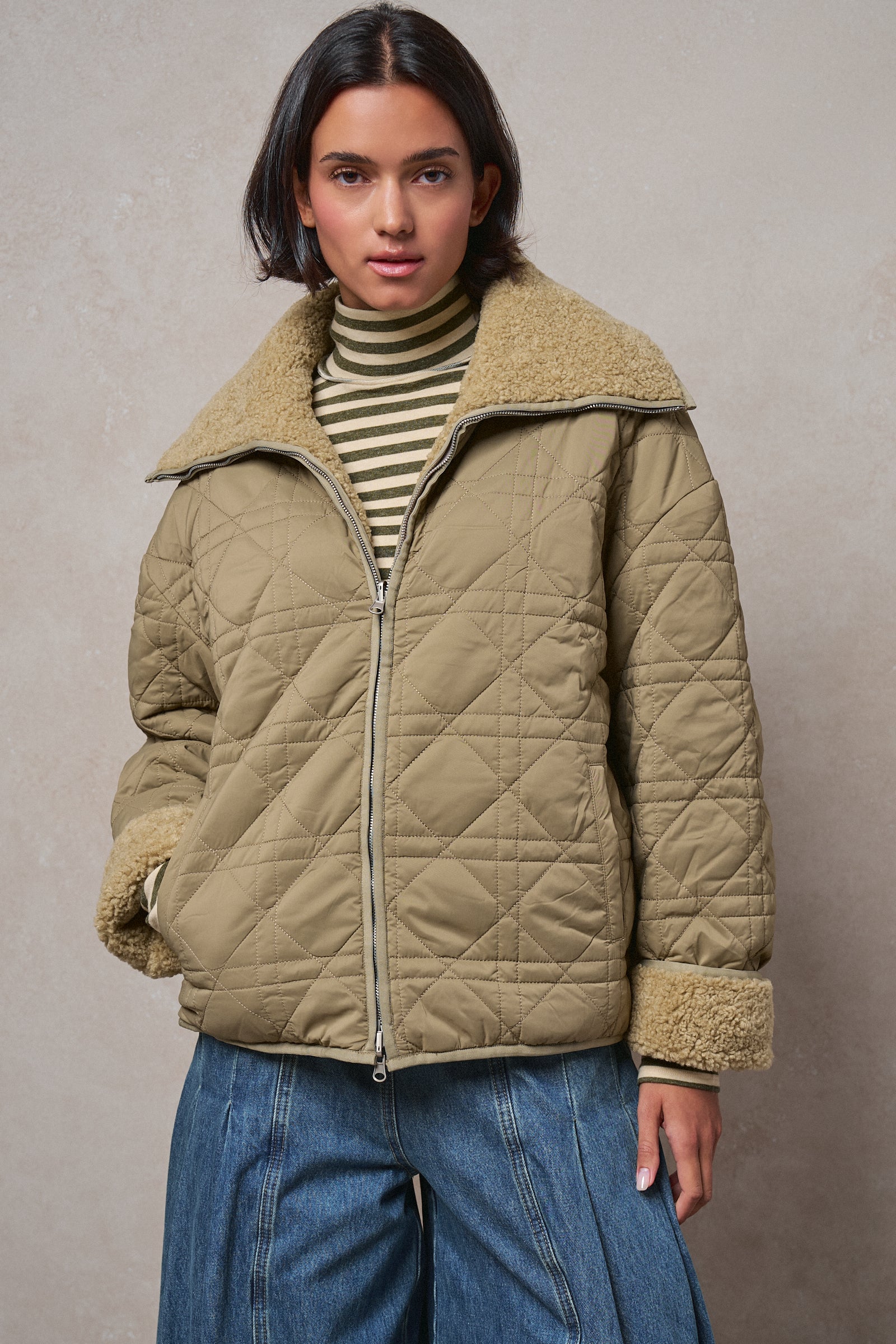 Quilted Sherpa Collar Zip-Up Puffer Jacket in OLIVE - Women's Fashion | Urban Daizy
