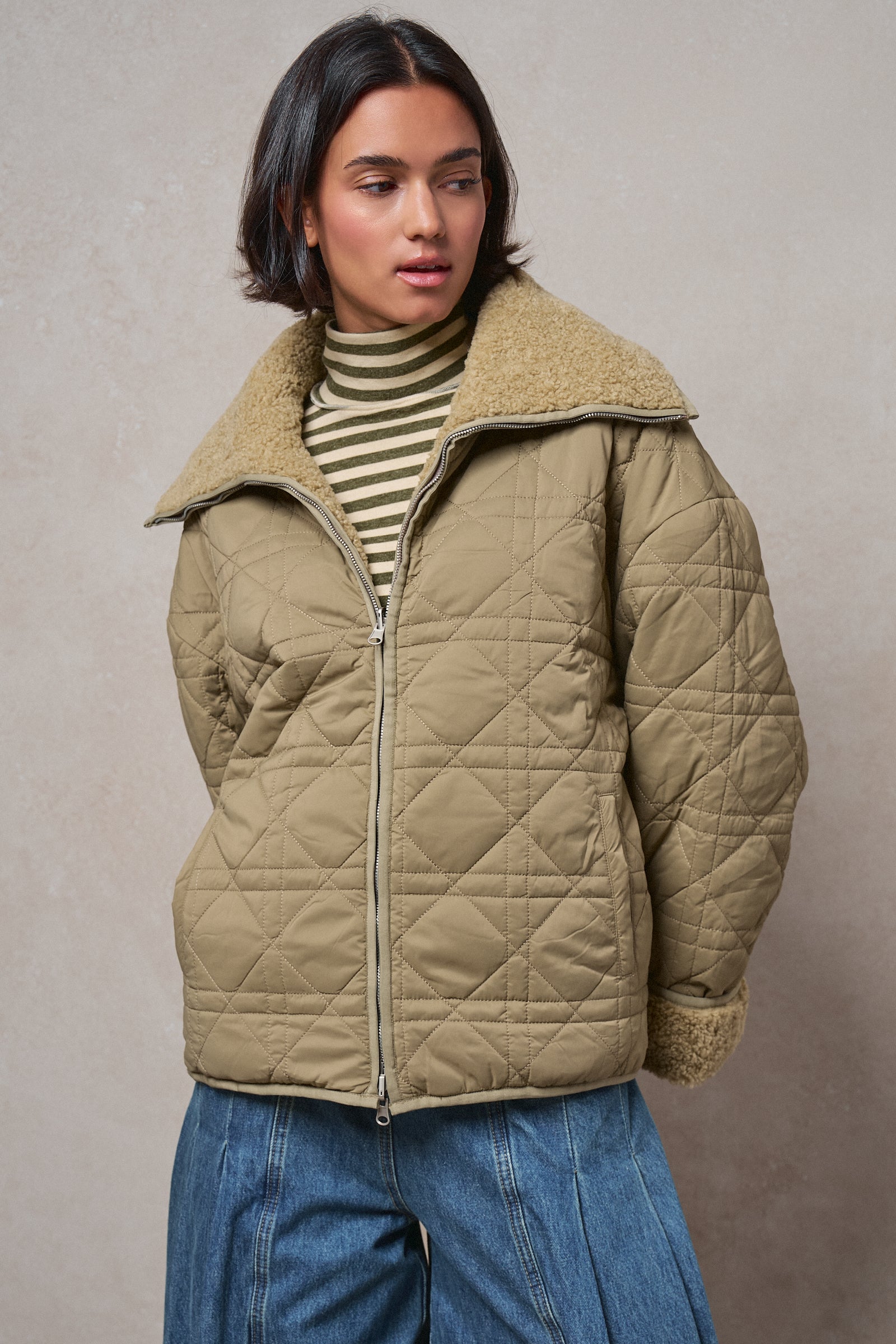 Quilted Sherpa Collar Zip-Up Puffer Jacket in OLIVE - Women's Fashion | Urban Daizy