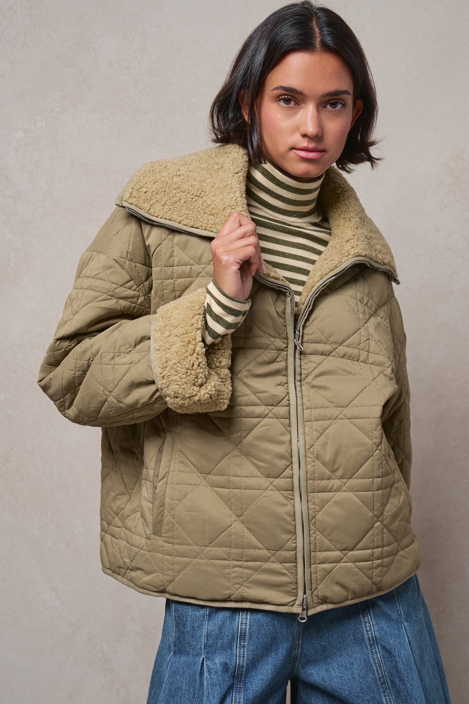 Quilted Sherpa Collar Zip-Up Puffer Jacket in OLIVE - Women's Fashion | Urban Daizy