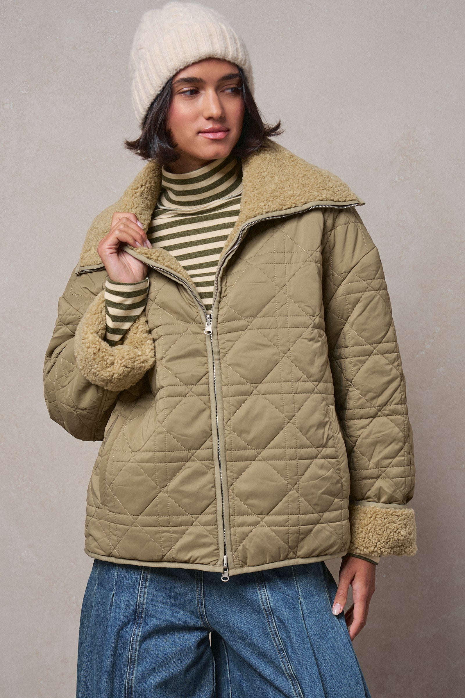 Quilted Sherpa Collar Zip-Up Puffer Jacket in OLIVE - Women's Fashion | Urban Daizy