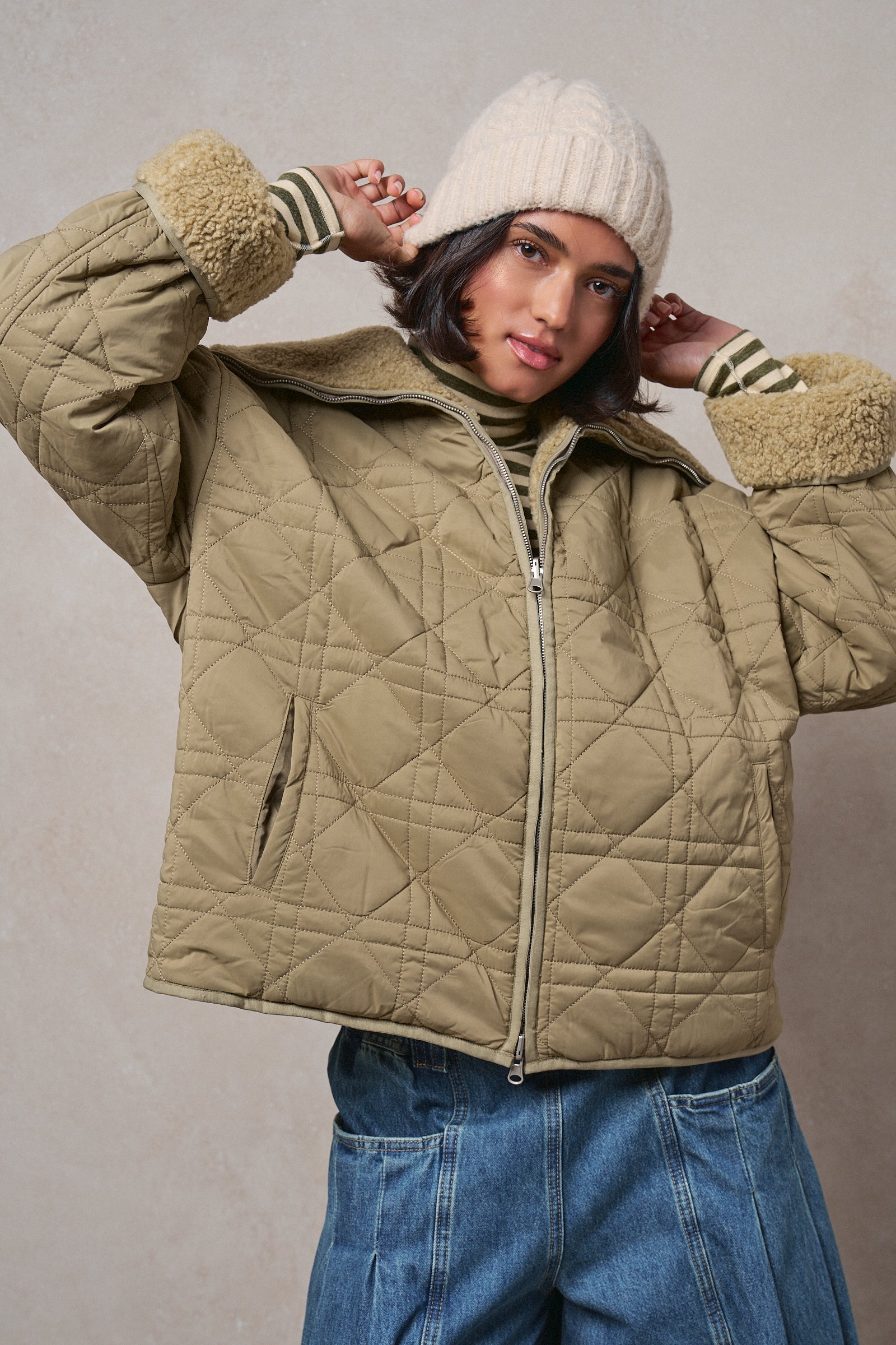 Quilted Sherpa Collar Zip-Up Puffer Jacket in OLIVE - Women's Fashion | Urban Daizy