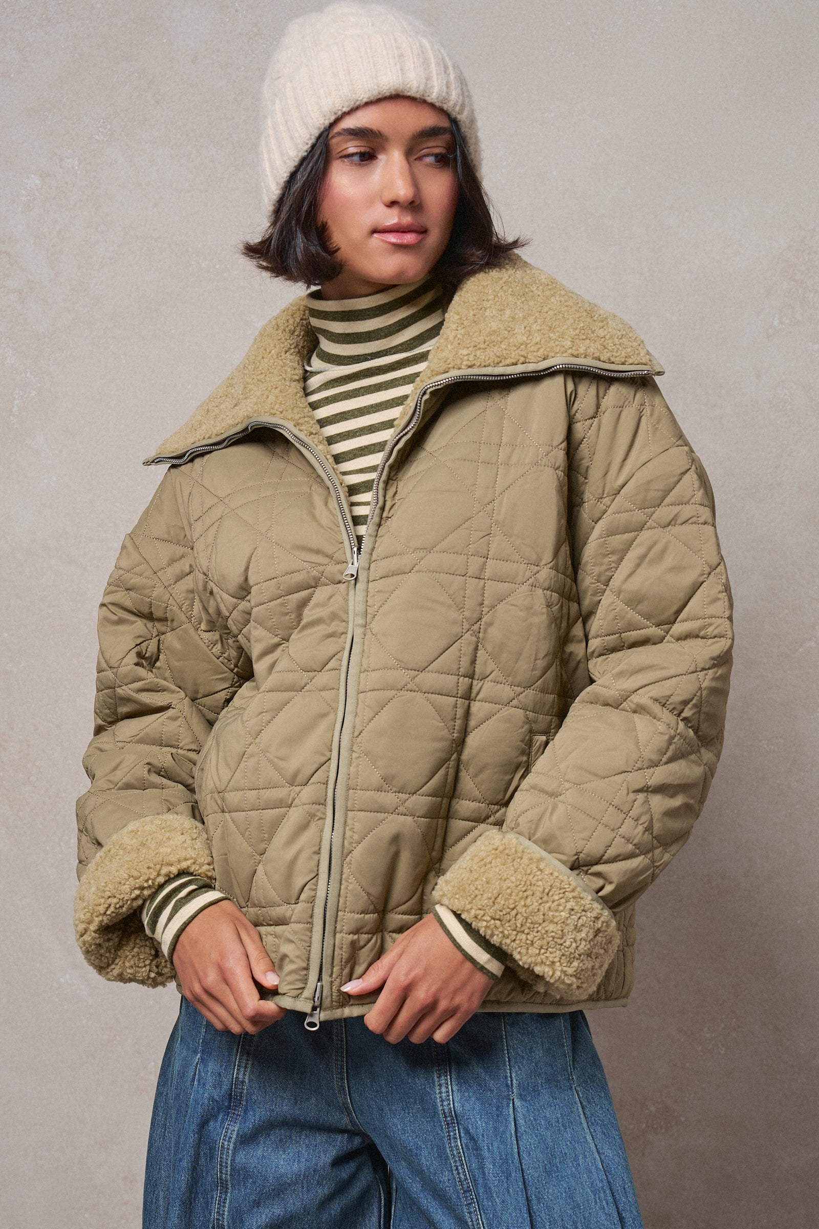 Quilted Sherpa Collar Zip-Up Puffer Jacket in OLIVE - Women's Fashion | Urban Daizy