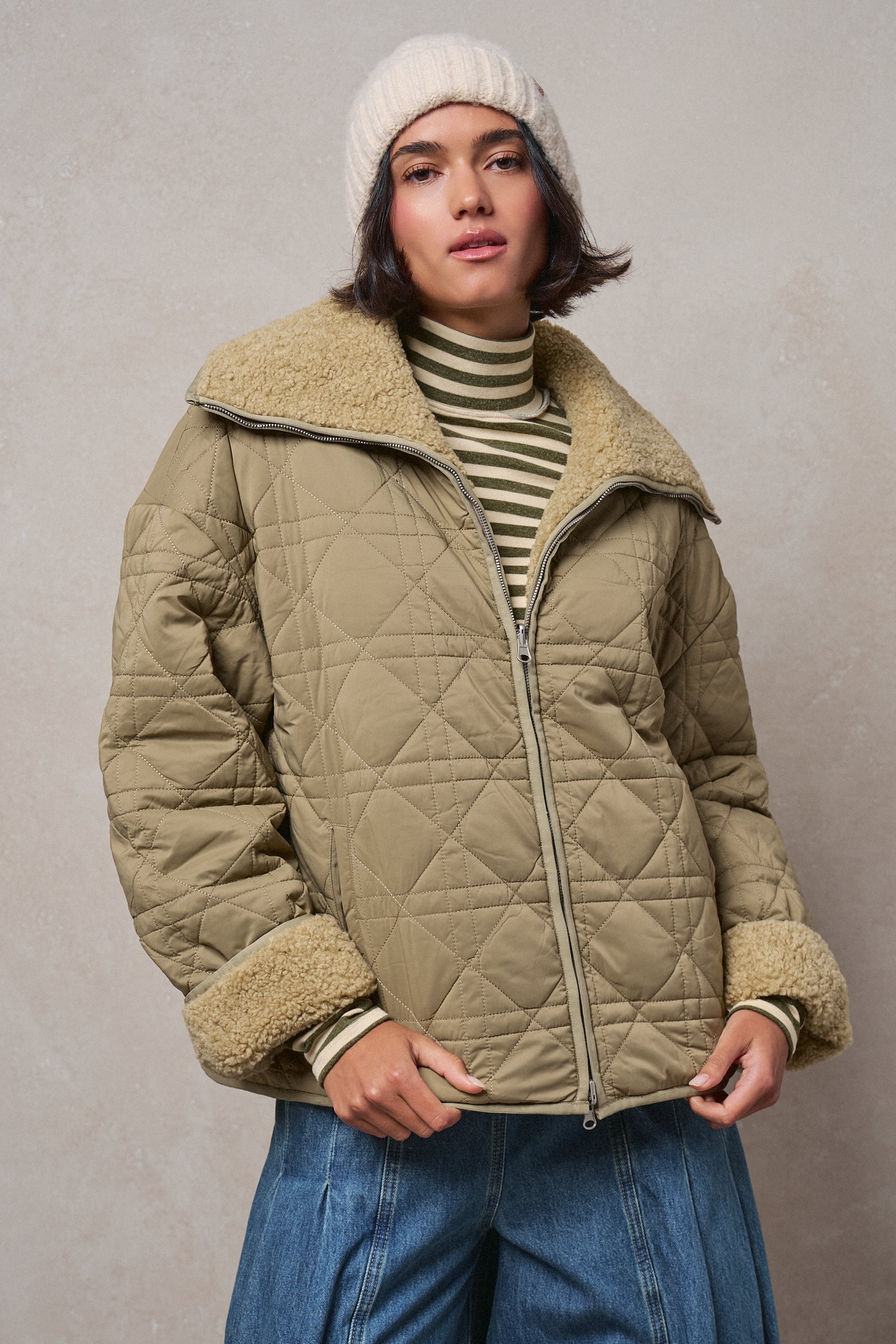 Quilted Sherpa Collar Zip-Up Puffer Jacket in OLIVE - Women's Fashion | Urban Daizy