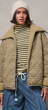 Quilted Sherpa Collar Zip-Up Puffer Jacket in OLIVE - Women's Fashion | Urban Daizy