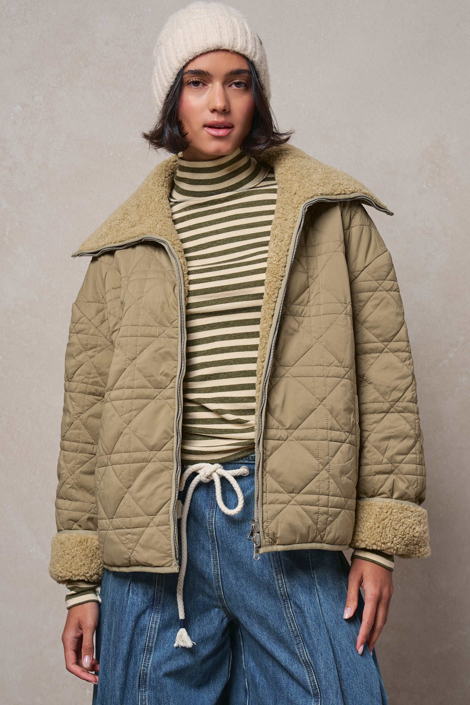 Quilted Sherpa Collar Zip-Up Puffer Jacket in OLIVE - Women's Fashion | Urban Daizy