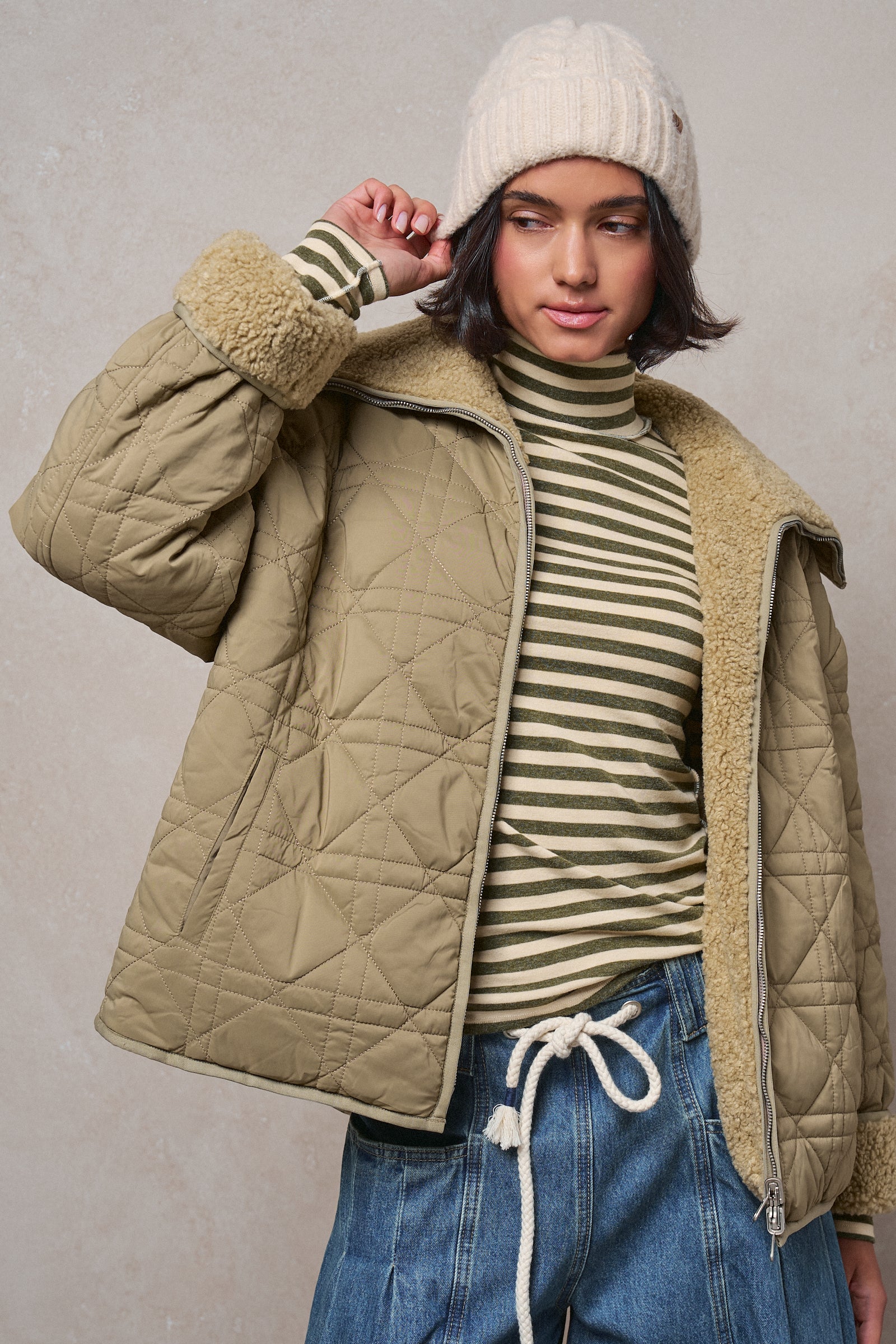 Quilted Sherpa Collar Zip-Up Puffer Jacket in OLIVE - Women's Fashion | Urban Daizy