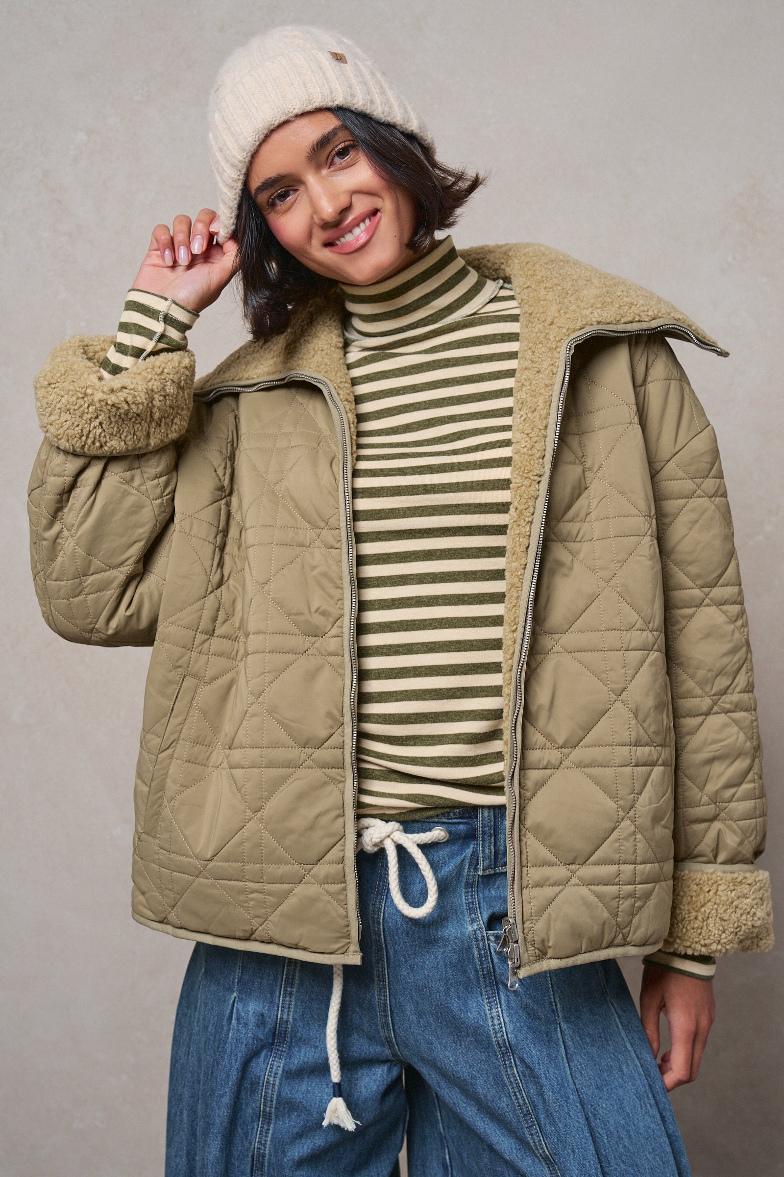 Quilted Sherpa Collar Zip-Up Puffer Jacket in OLIVE - Women's Fashion | Urban Daizy
