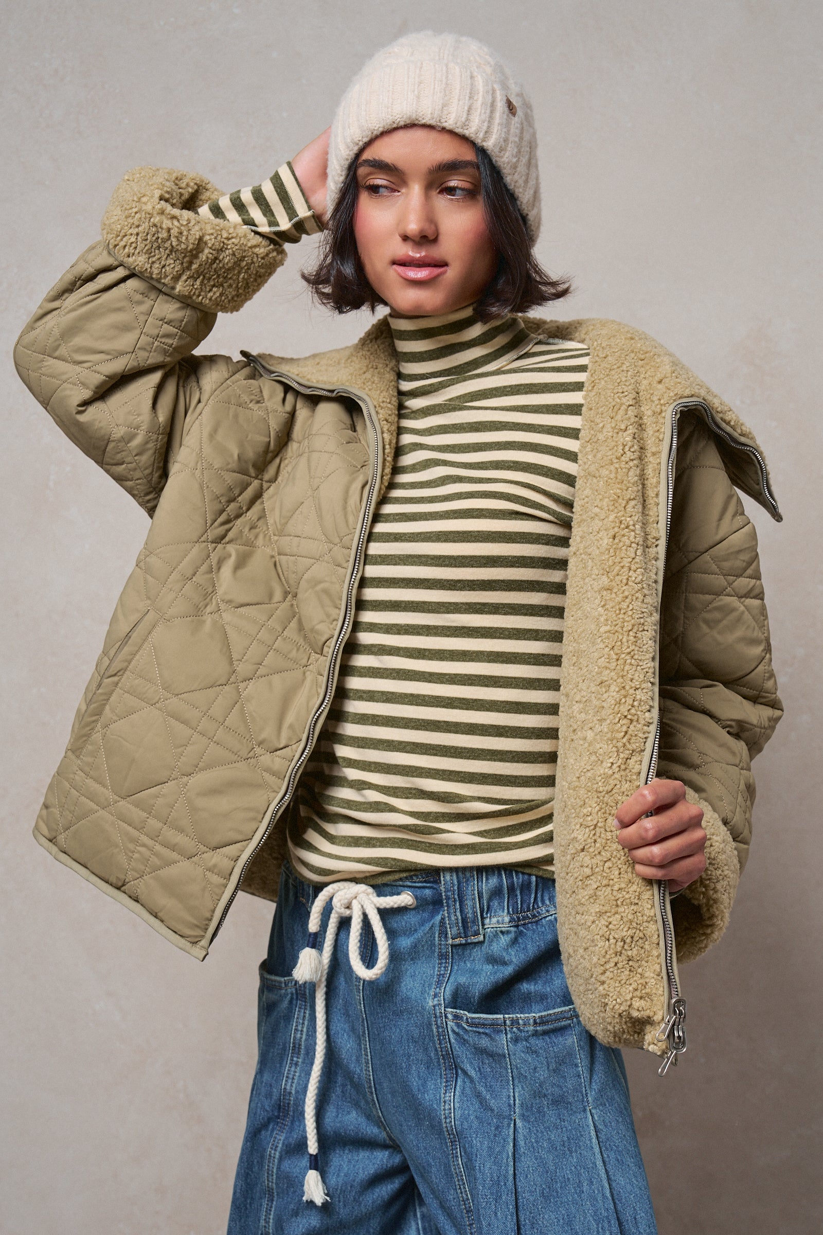 Quilted Sherpa Collar Zip-Up Puffer Jacket in OLIVE - Women's Fashion | Urban Daizy