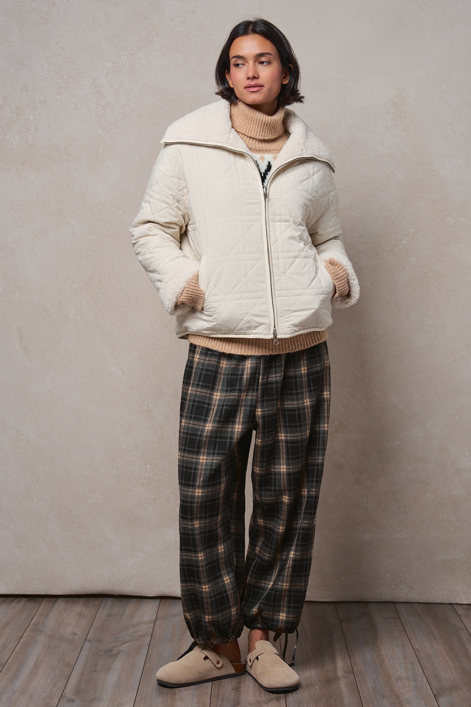 Quilted Sherpa Collar Zip-Up Puffer Jacket in IVORY - Women's Fashion | Urban Daizy