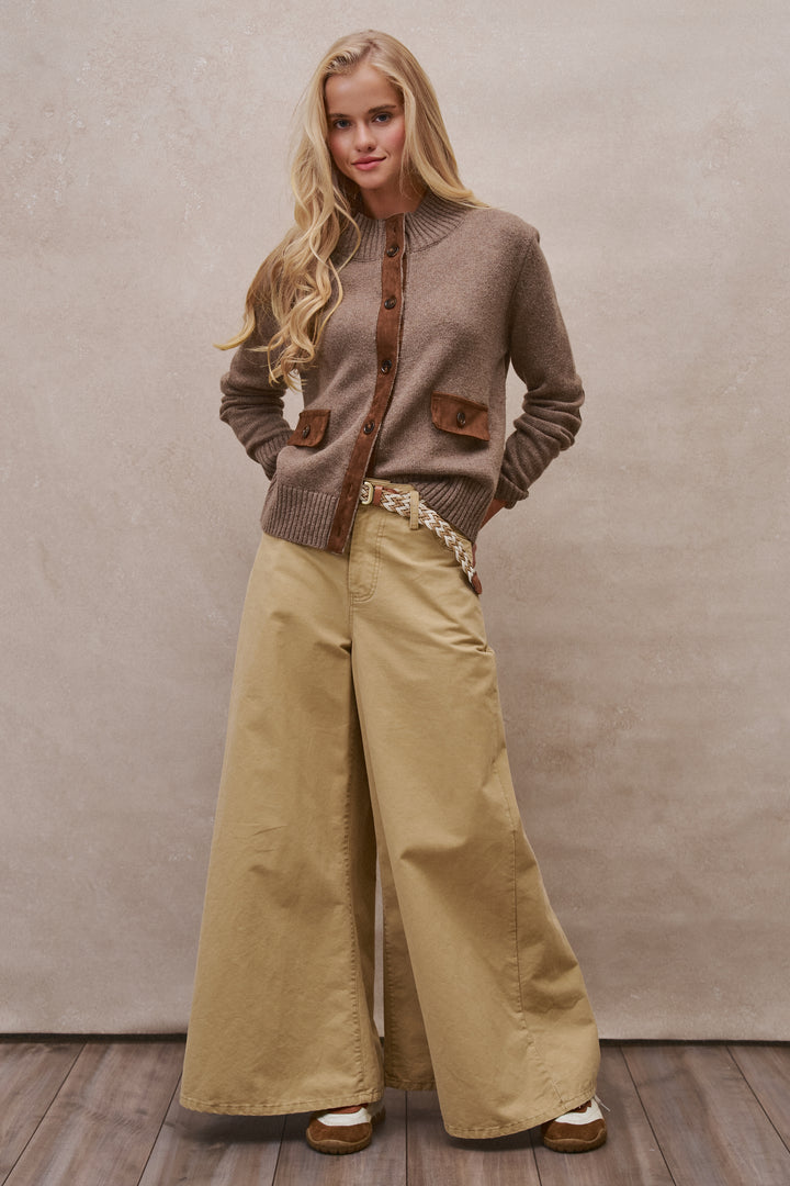 Suede Trim Knit Sweater in BROWN - Women's SWEATERS | Urban Daizy