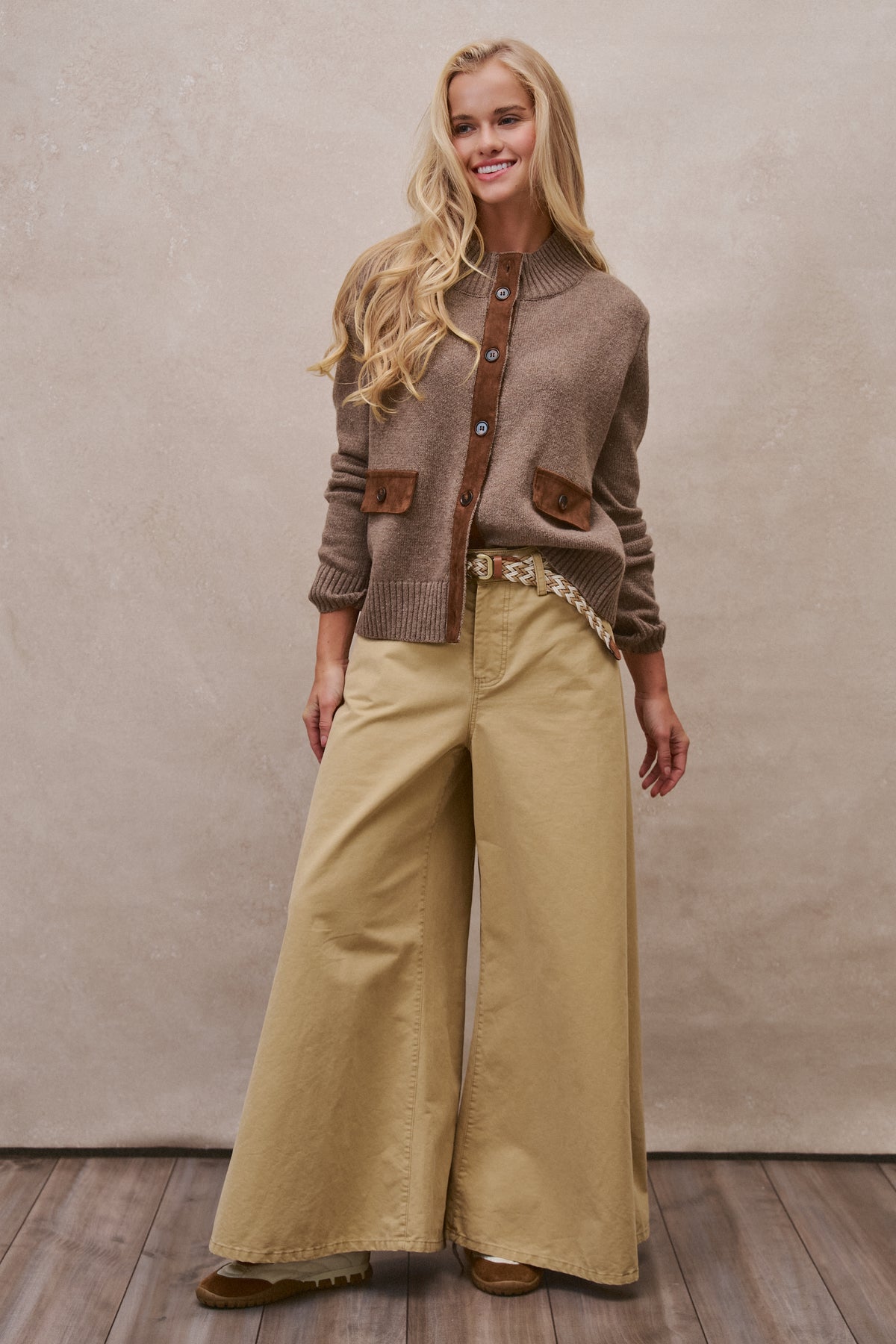 Suede Trim Knit Sweater in BROWN - Women's SWEATERS | Urban Daizy