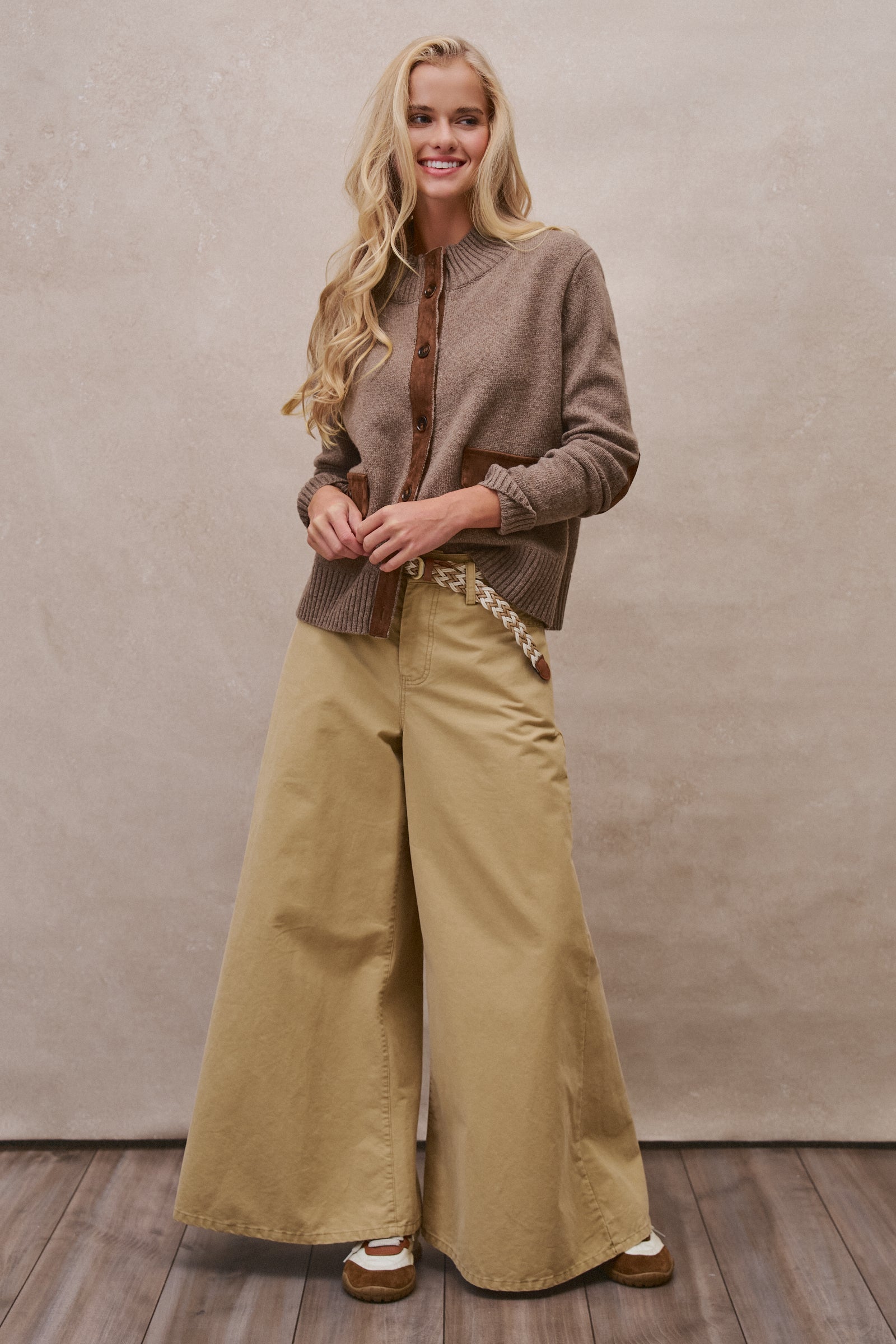 Suede Trim Knit Sweater in BROWN - Women's SWEATERS | Urban Daizy