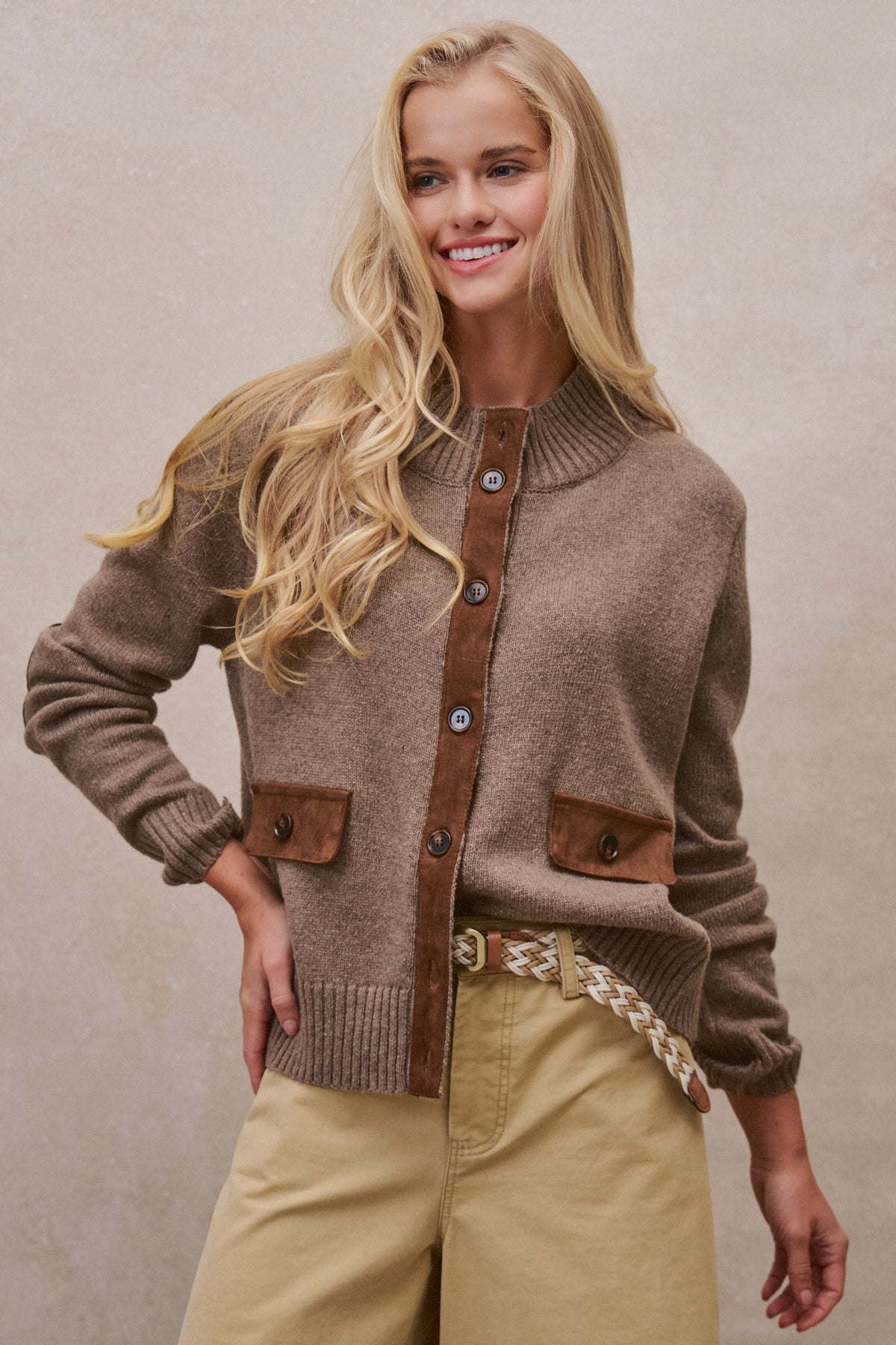 Suede Trim Knit Sweater in BROWN - Women's SWEATERS | Urban Daizy