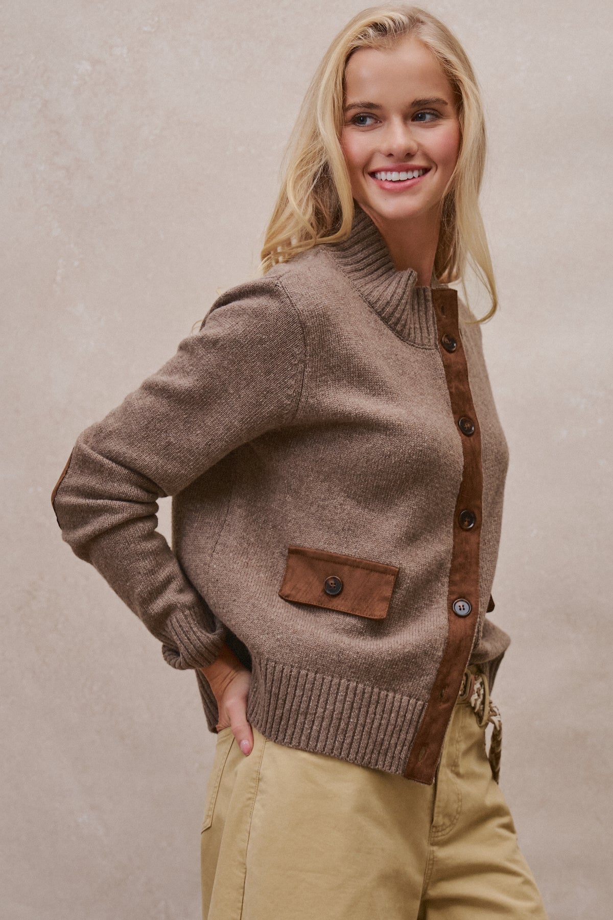 Suede Trim Knit Sweater in BROWN - Women's SWEATERS | Urban Daizy