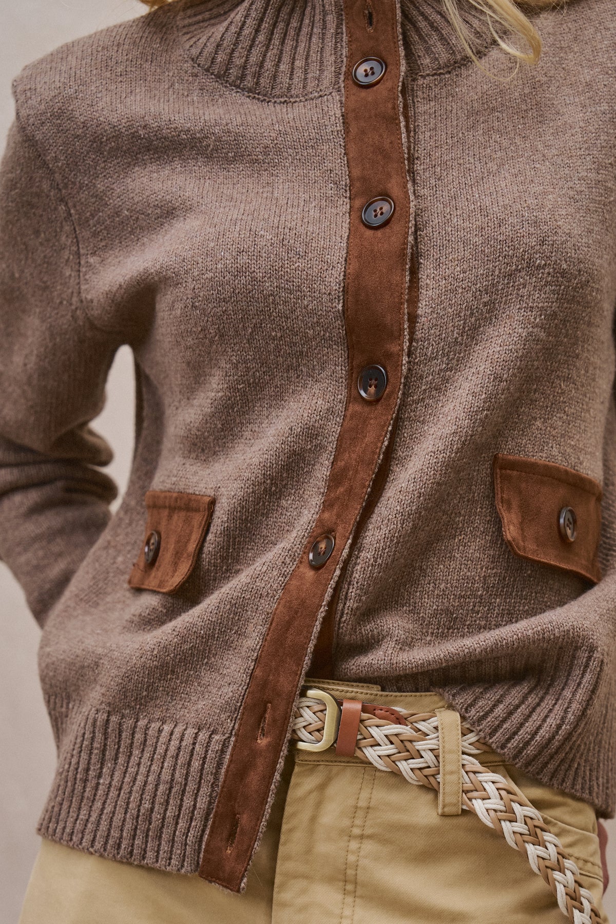 Suede Trim Knit Sweater in BROWN - Women's SWEATERS | Urban Daizy