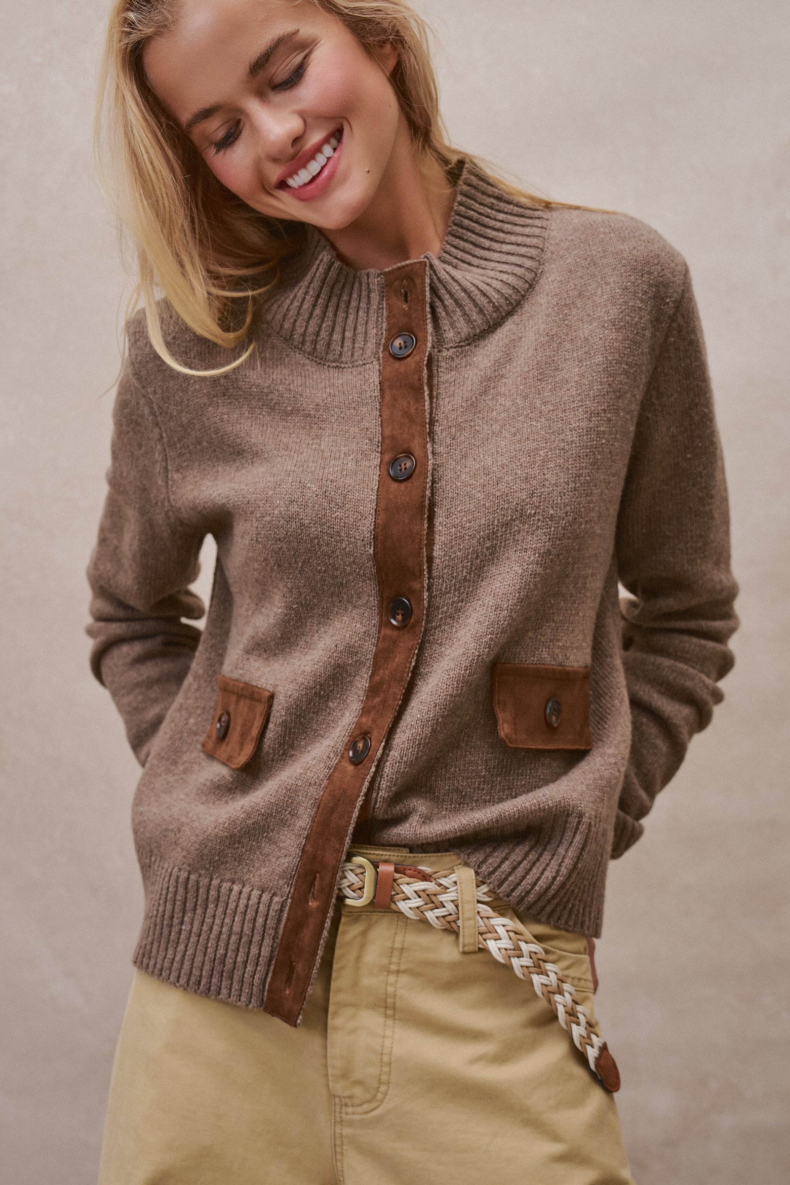 Suede Trim Knit Sweater in BROWN - Women's SWEATERS | Urban Daizy