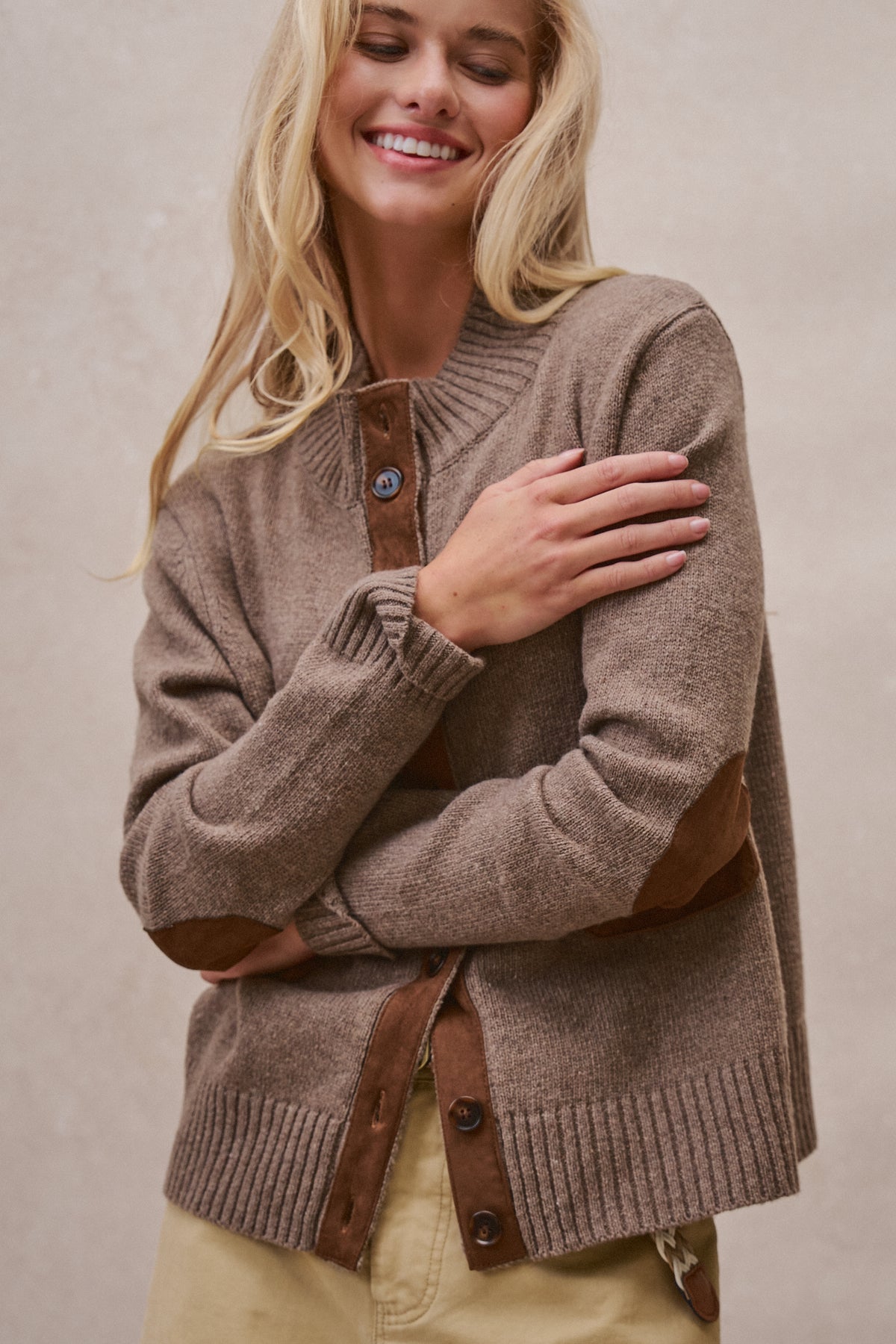 Suede Trim Knit Sweater in BROWN - Women's SWEATERS | Urban Daizy