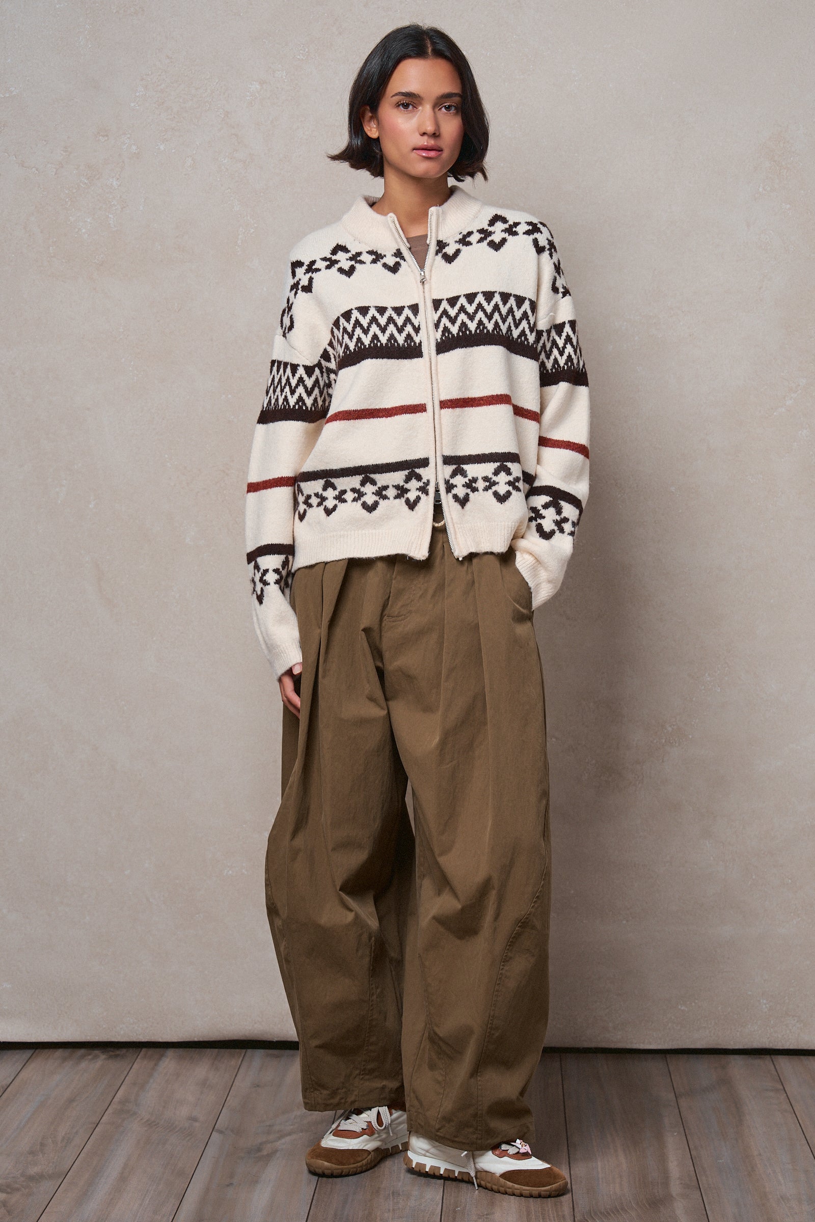 Fair Isle Jacquard Zip-Front Knit Bomber Cardigan in IVORY - Women's Fashion | Urban Daizy
