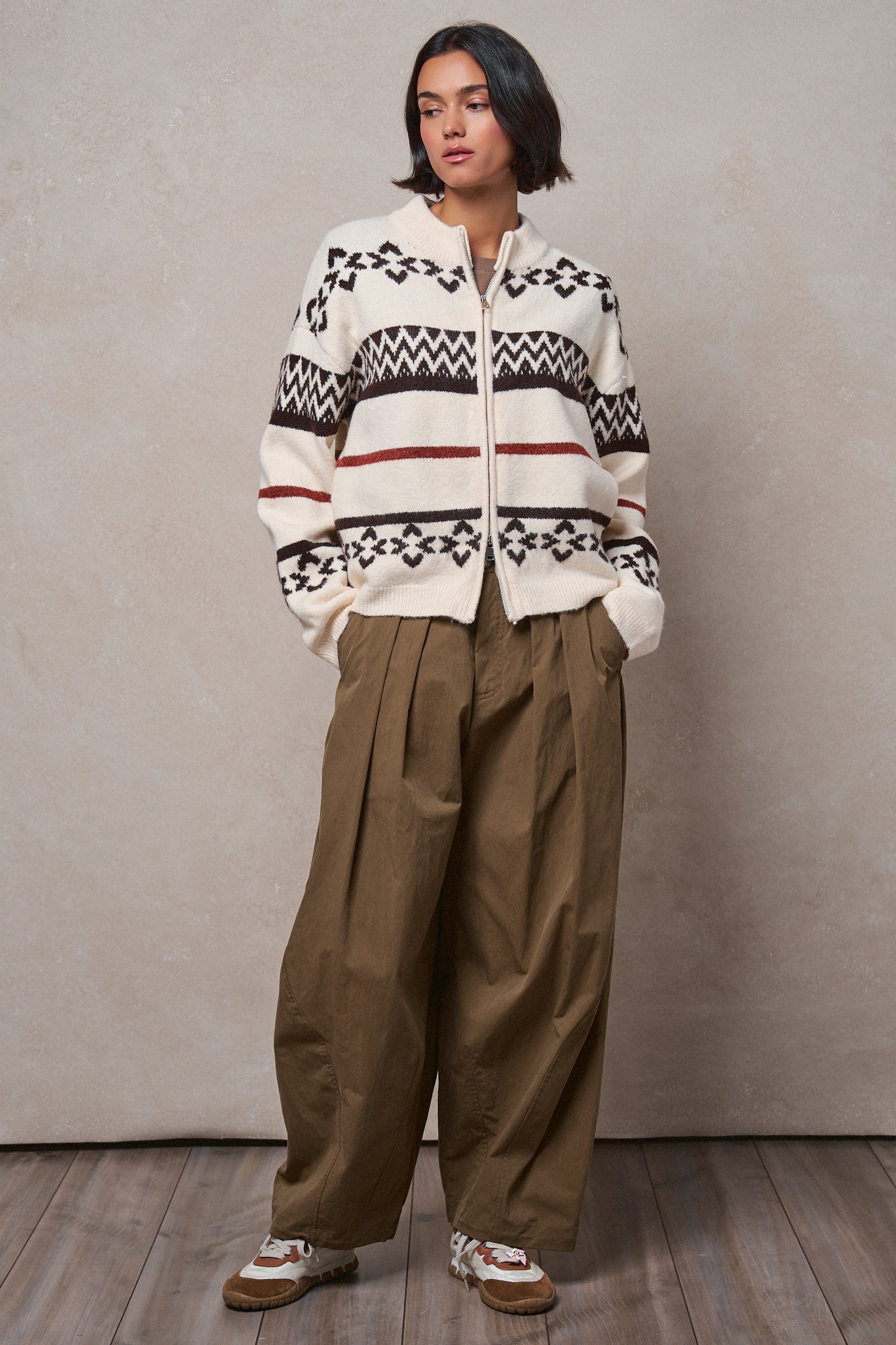 Fair Isle Jacquard Zip-Front Knit Bomber Cardigan in IVORY - Women's Fashion | Urban Daizy