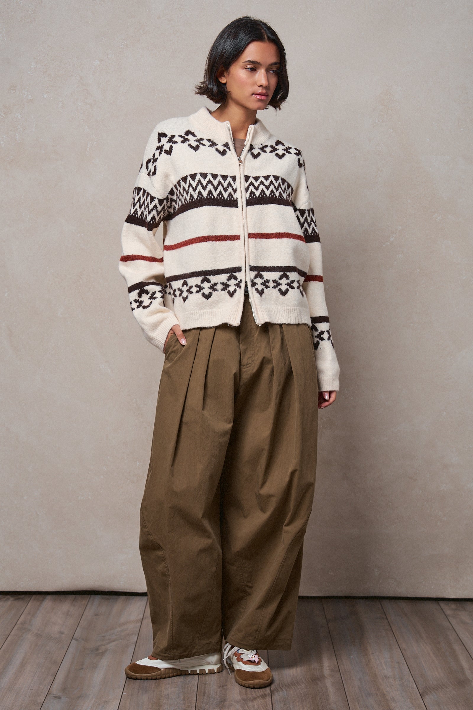 Fair Isle Jacquard Zip-Front Knit Bomber Cardigan in IVORY - Women's Fashion | Urban Daizy