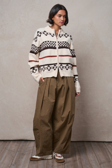 Geo Fair Isle Zip Front Knit Bomber Jacket