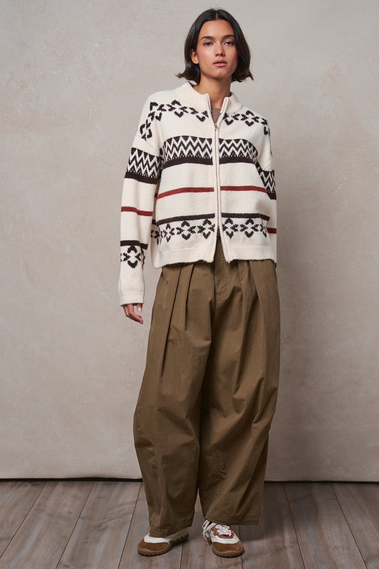 Fair Isle Jacquard Zip-Front Knit Bomber Cardigan in IVORY - Women's Fashion | Urban Daizy