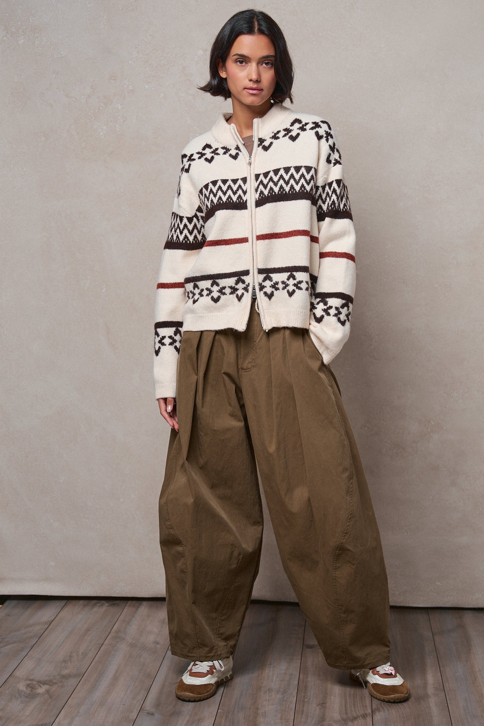 Fair Isle Jacquard Zip-Front Knit Bomber Cardigan in IVORY - Women's Fashion | Urban Daizy