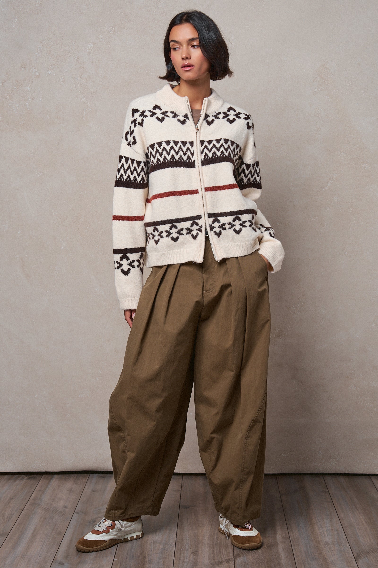 Fair Isle Jacquard Zip-Front Knit Bomber Cardigan in IVORY - Women's Fashion | Urban Daizy