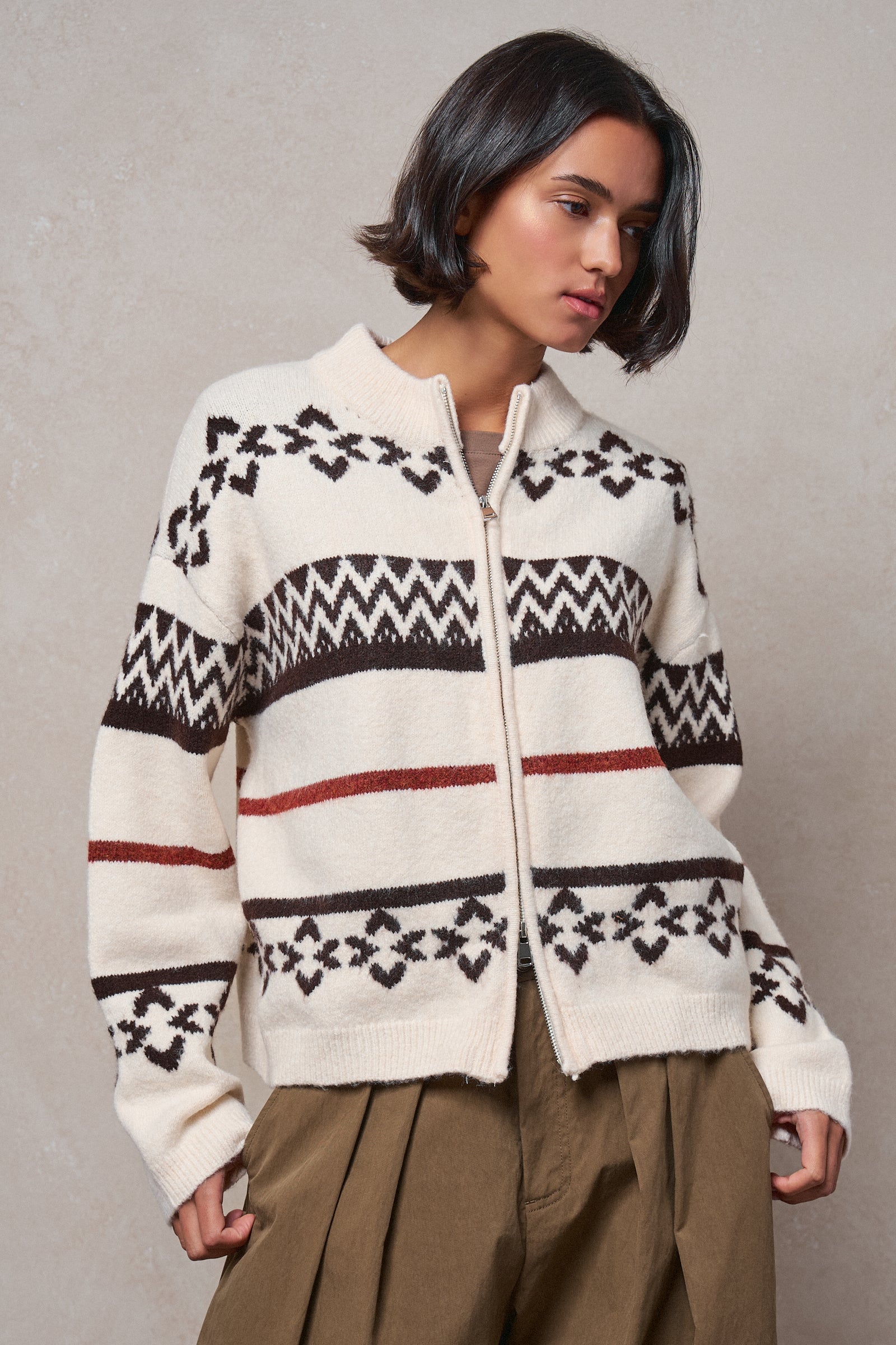 Fair Isle Jacquard Zip-Front Knit Bomber Cardigan - Women's Fashion | Urban Daizy