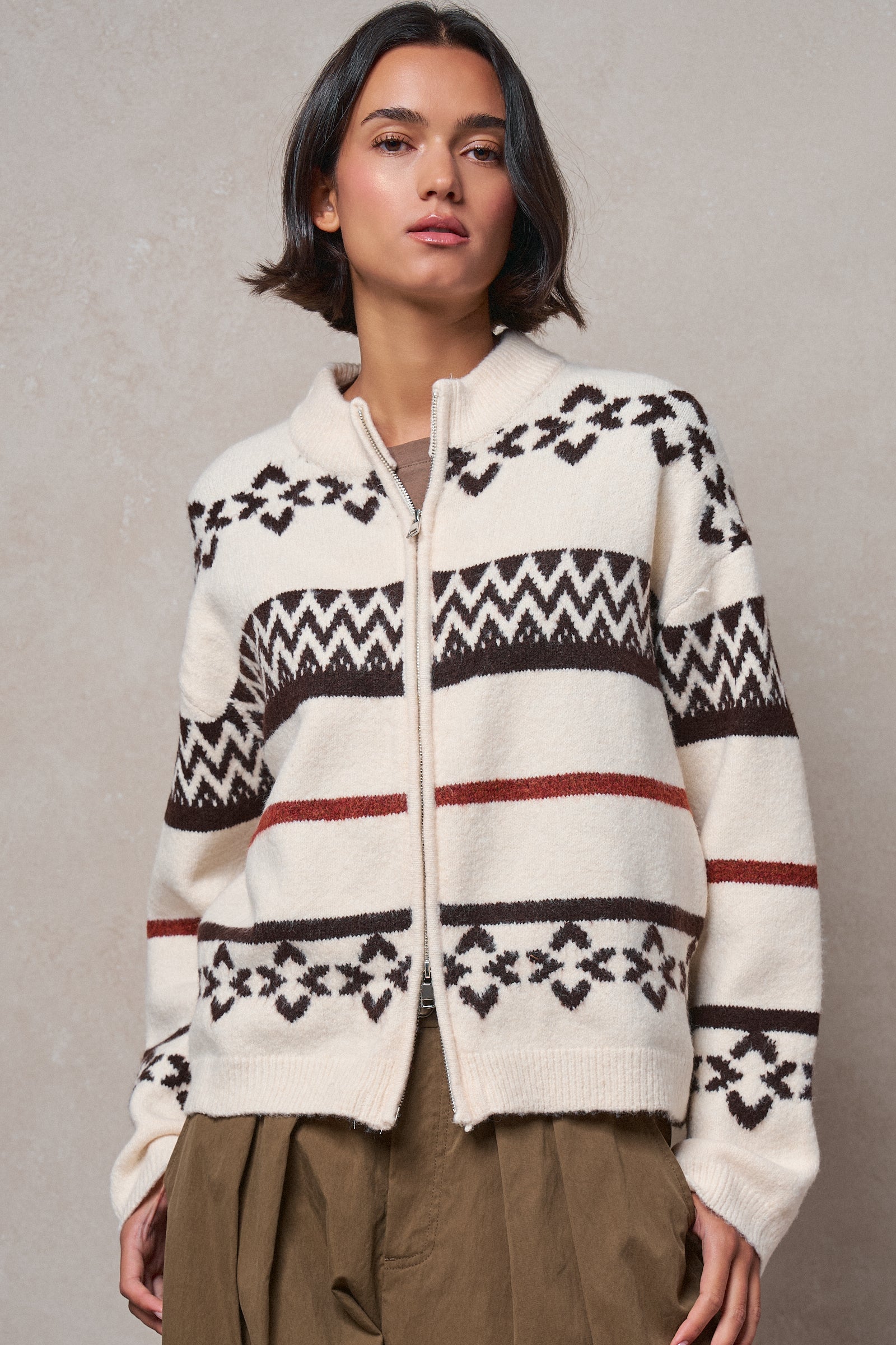 Fair Isle Jacquard Zip-Front Knit Bomber Cardigan in IVORY - Women's Fashion | Urban Daizy