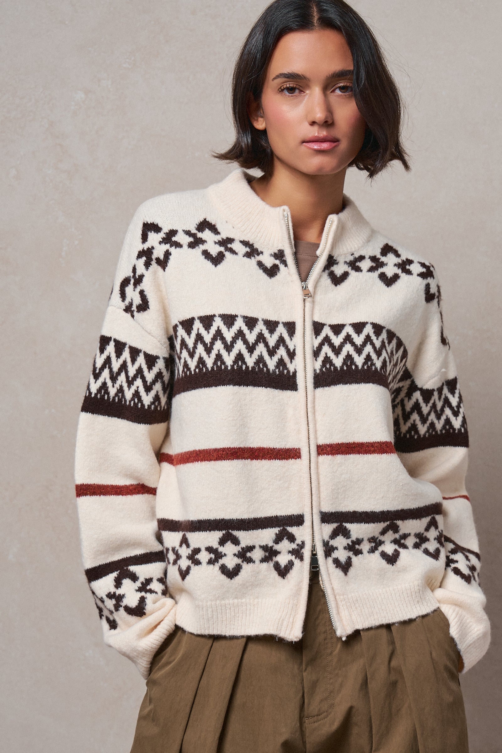 Fair Isle Jacquard Zip-Front Knit Bomber Cardigan in IVORY - Women's Fashion | Urban Daizy