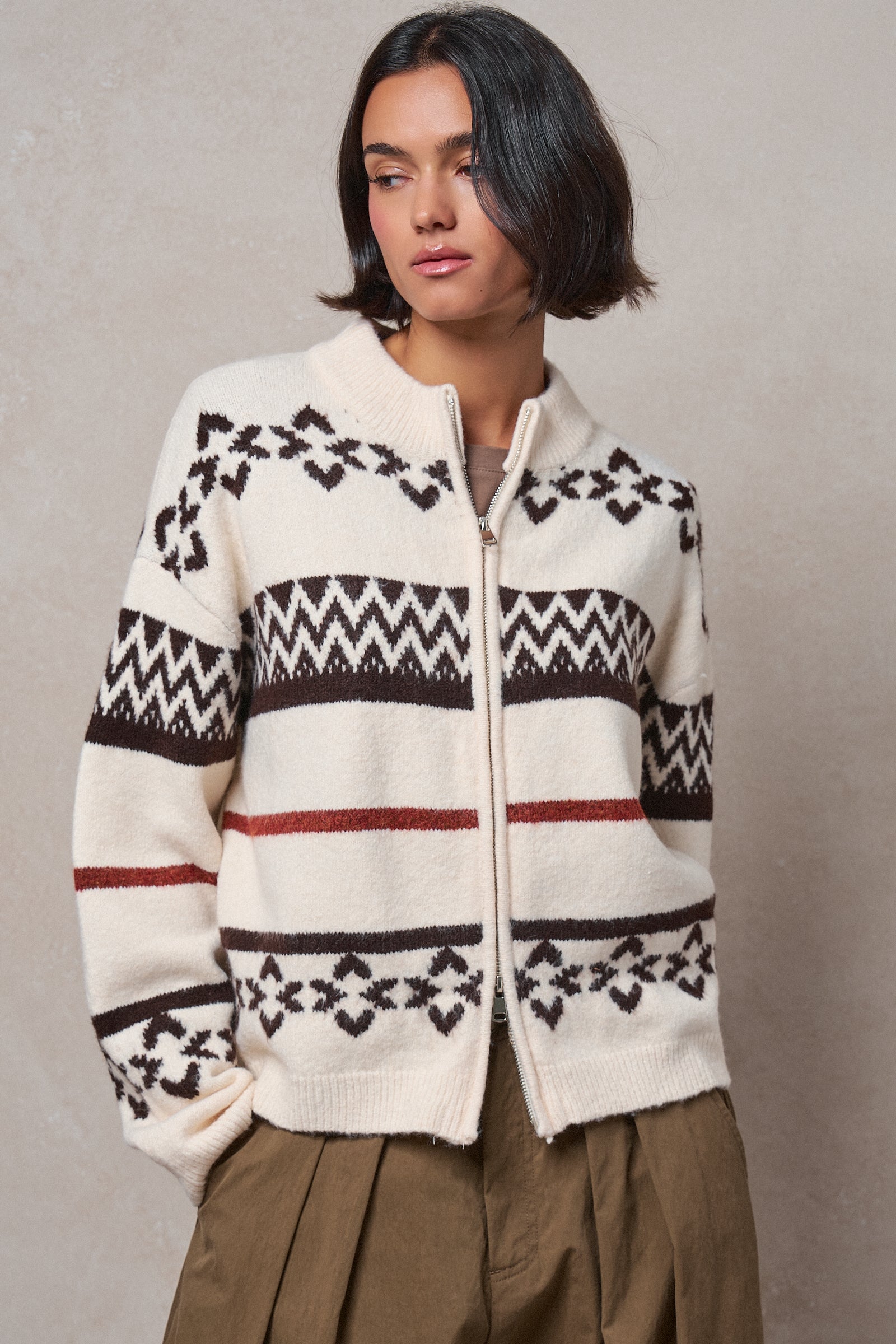 Fair Isle Jacquard Zip-Front Knit Bomber Cardigan in IVORY - Women's Fashion | Urban Daizy