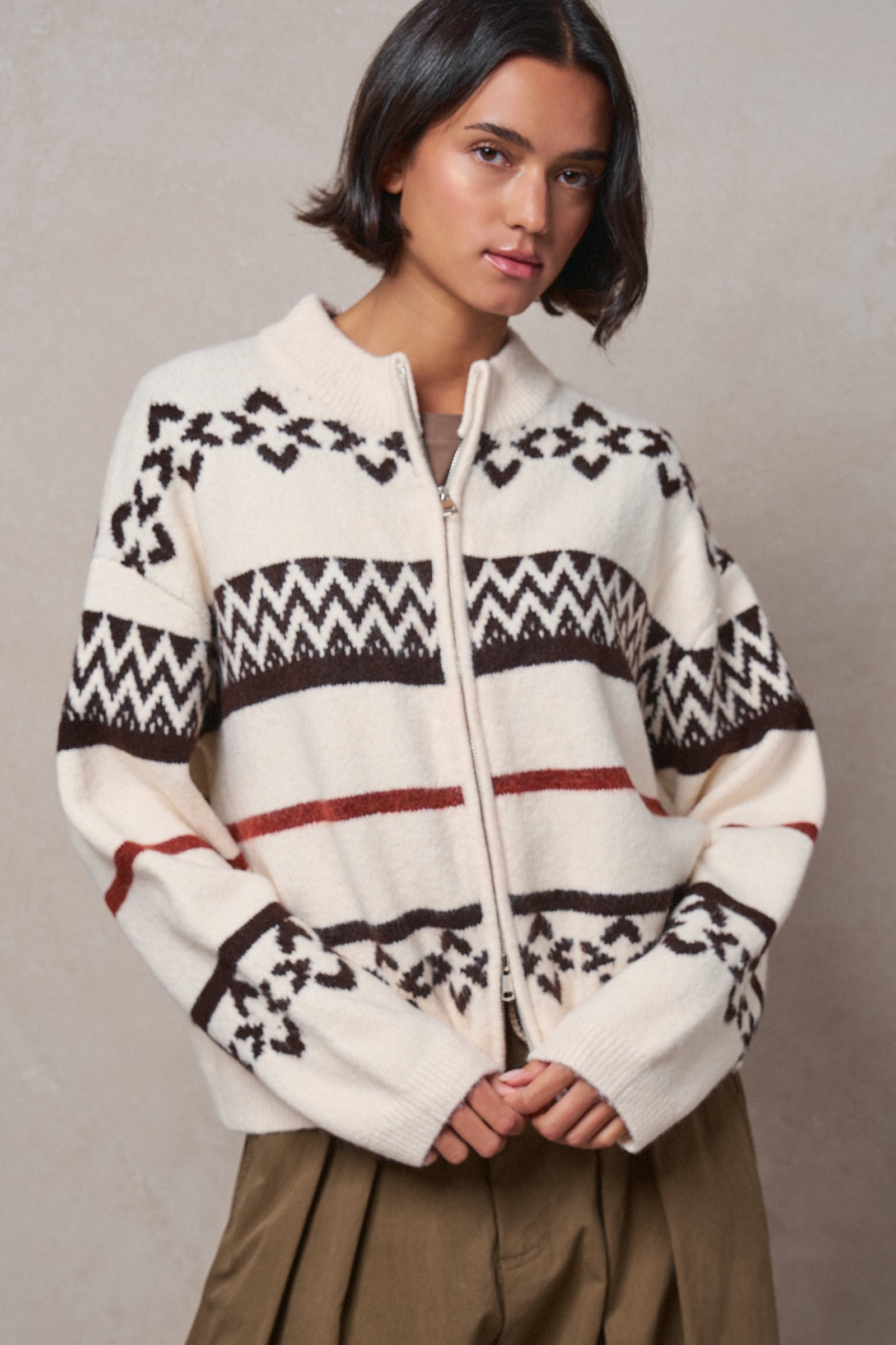 Fair Isle Jacquard Zip-Front Knit Bomber Cardigan in IVORY - Women's Fashion | Urban Daizy