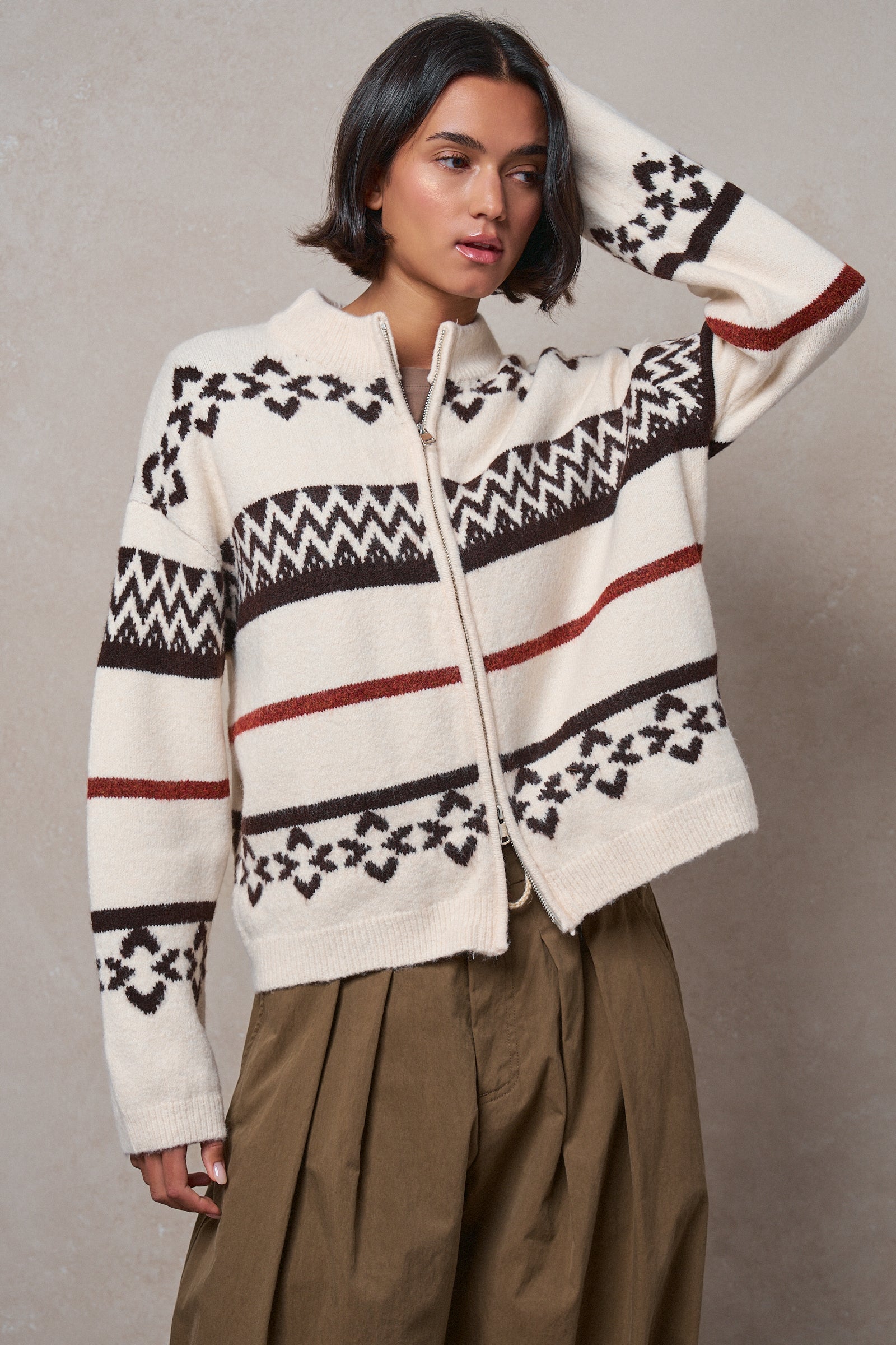Fair Isle Jacquard Zip-Front Knit Bomber Cardigan in IVORY - Women's Fashion | Urban Daizy