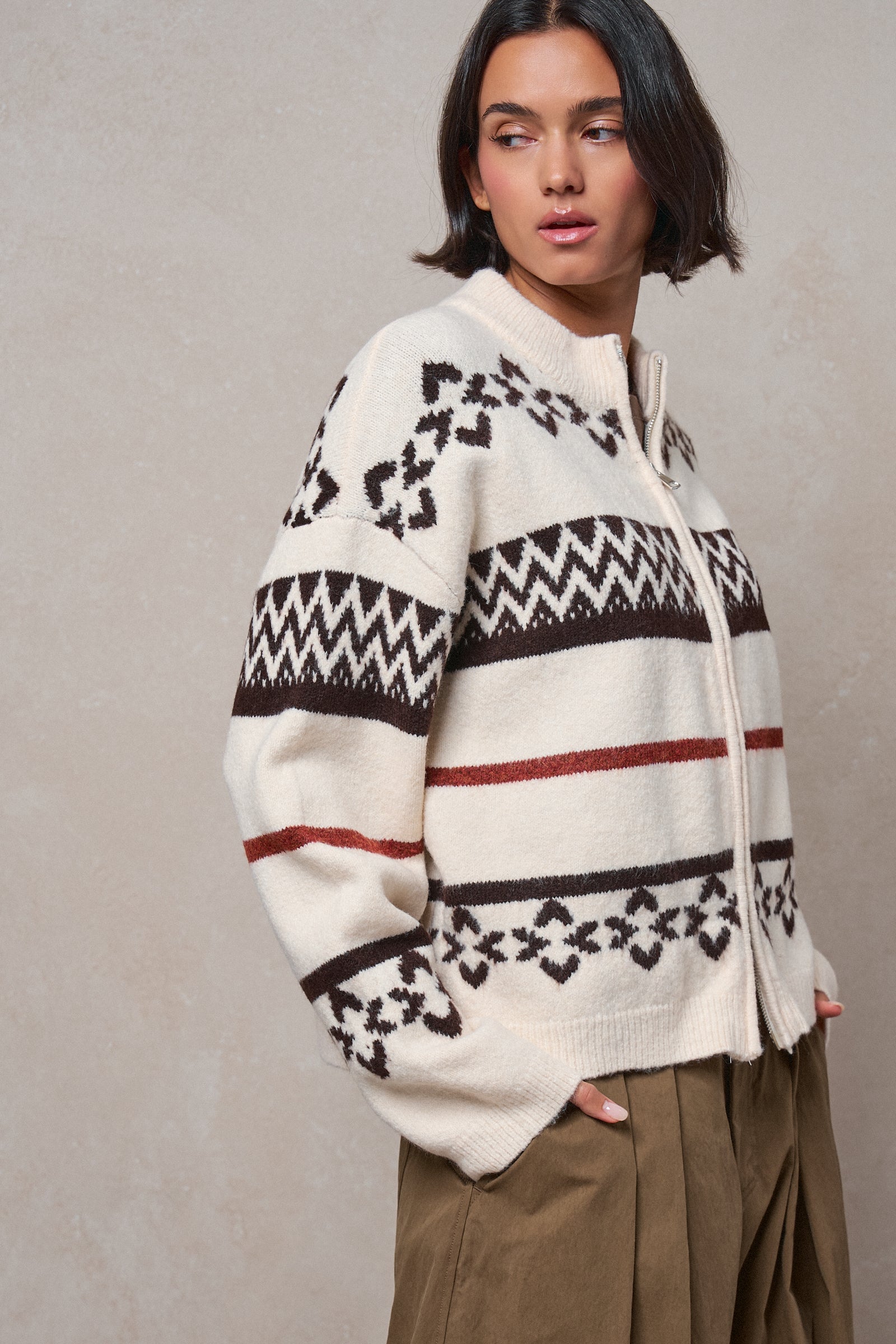 Fair Isle Jacquard Zip-Front Knit Bomber Cardigan in IVORY - Women's Fashion | Urban Daizy