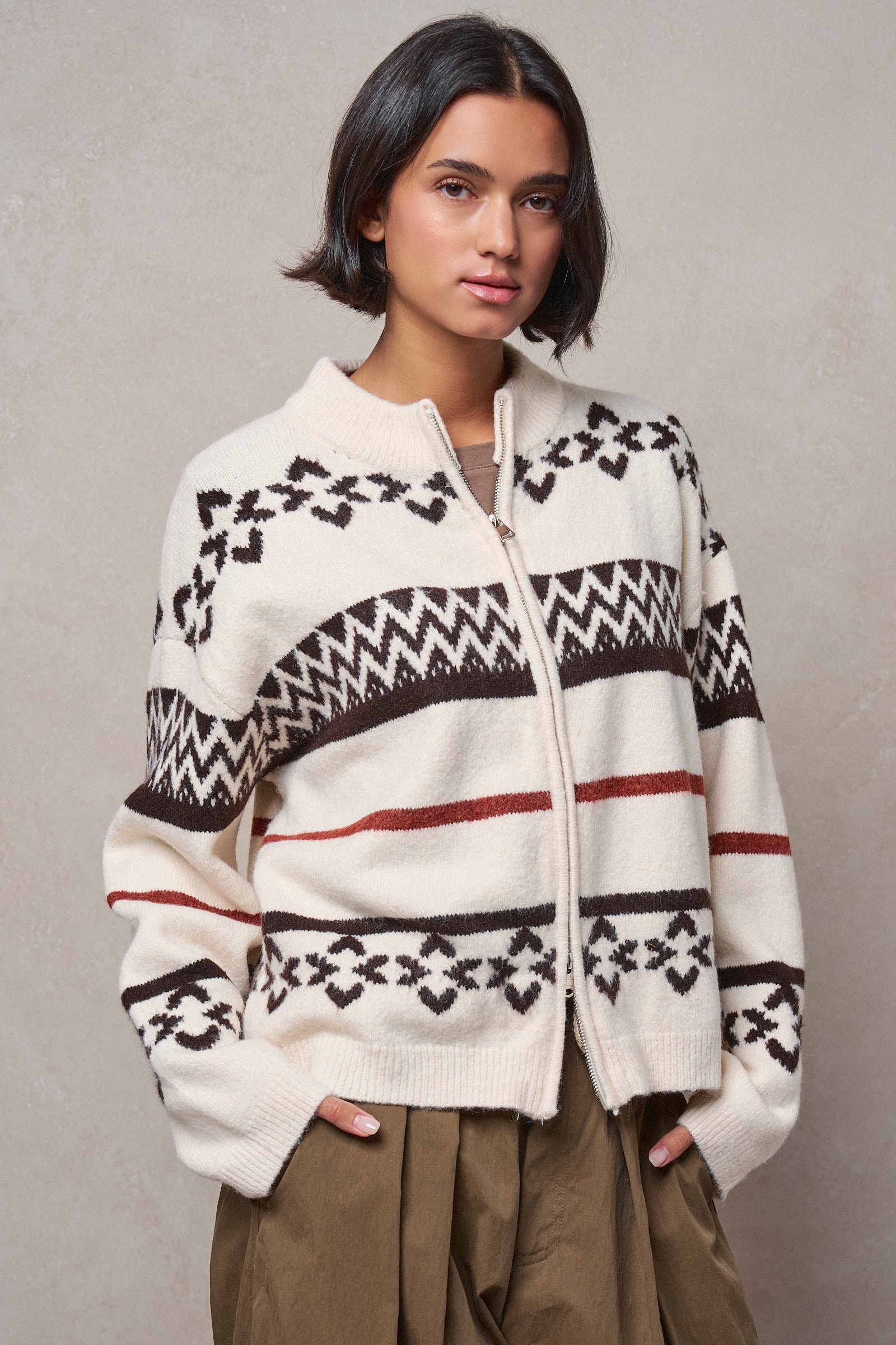 Fair Isle Jacquard Zip-Front Knit Bomber Cardigan in IVORY - Women's Fashion | Urban Daizy