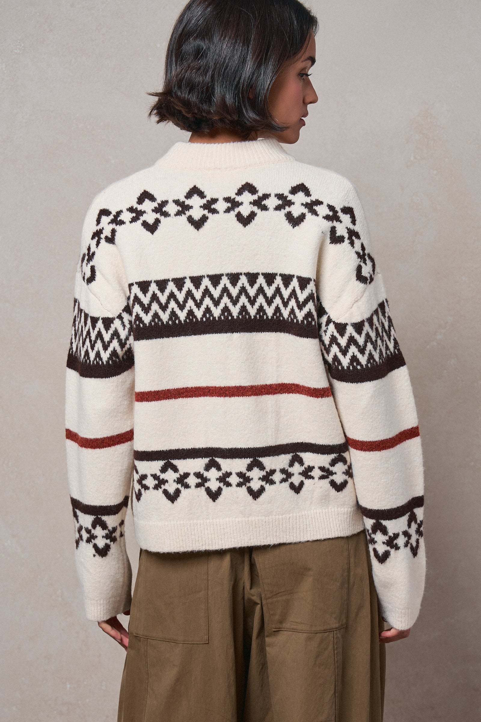 Fair Isle Jacquard Zip-Front Knit Bomber Cardigan in IVORY - Women's Fashion | Urban Daizy