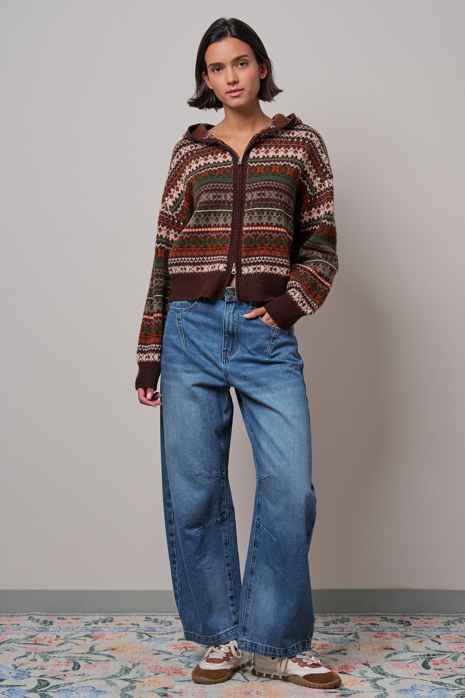 Fair Isle Hooded Zip Cardigan in BROWN - Women's SWEATERS | Urban Daizy