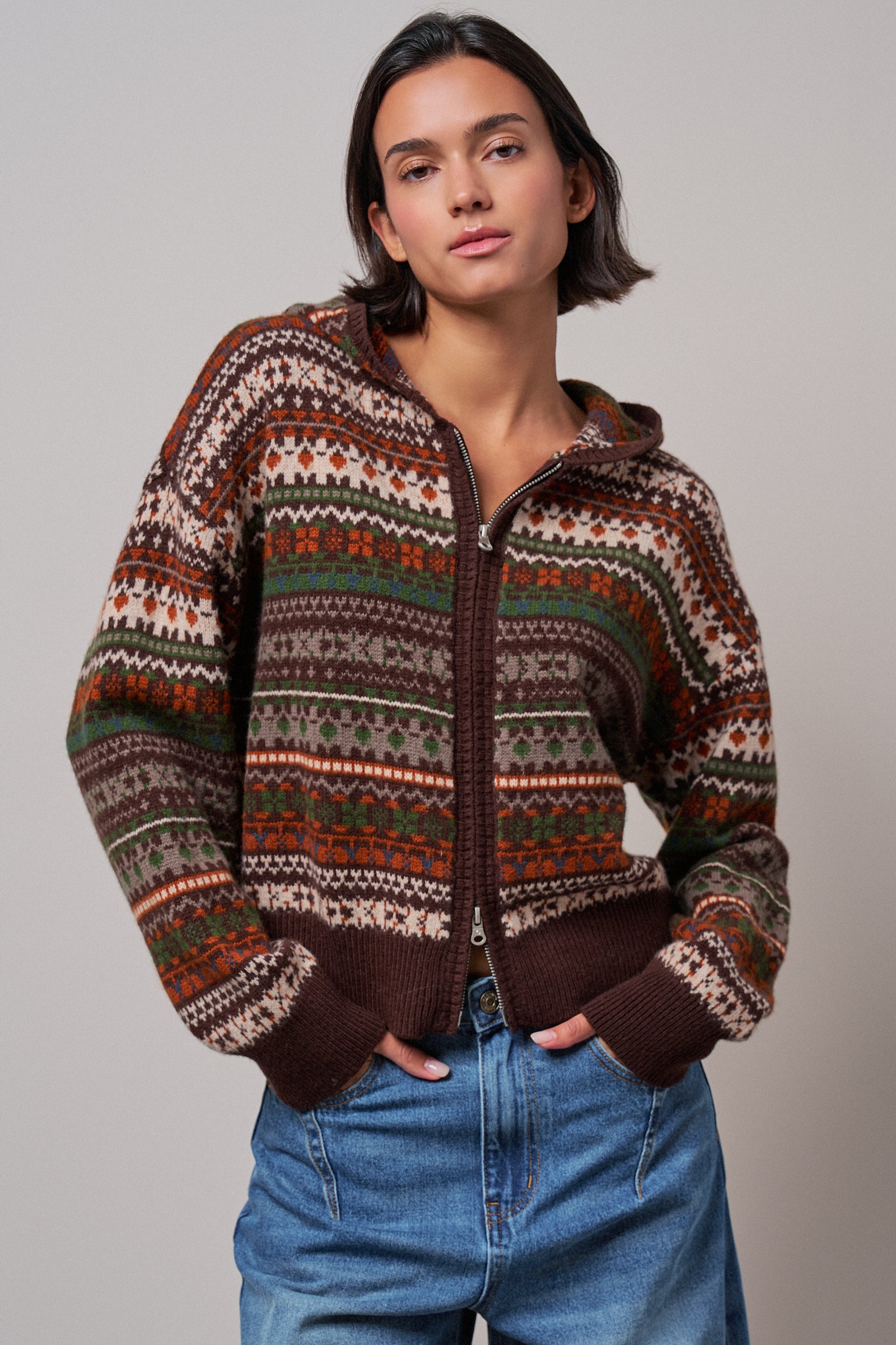 Fair Isle Hooded Zip Cardigan in BROWN - Women's SWEATERS | Urban Daizy