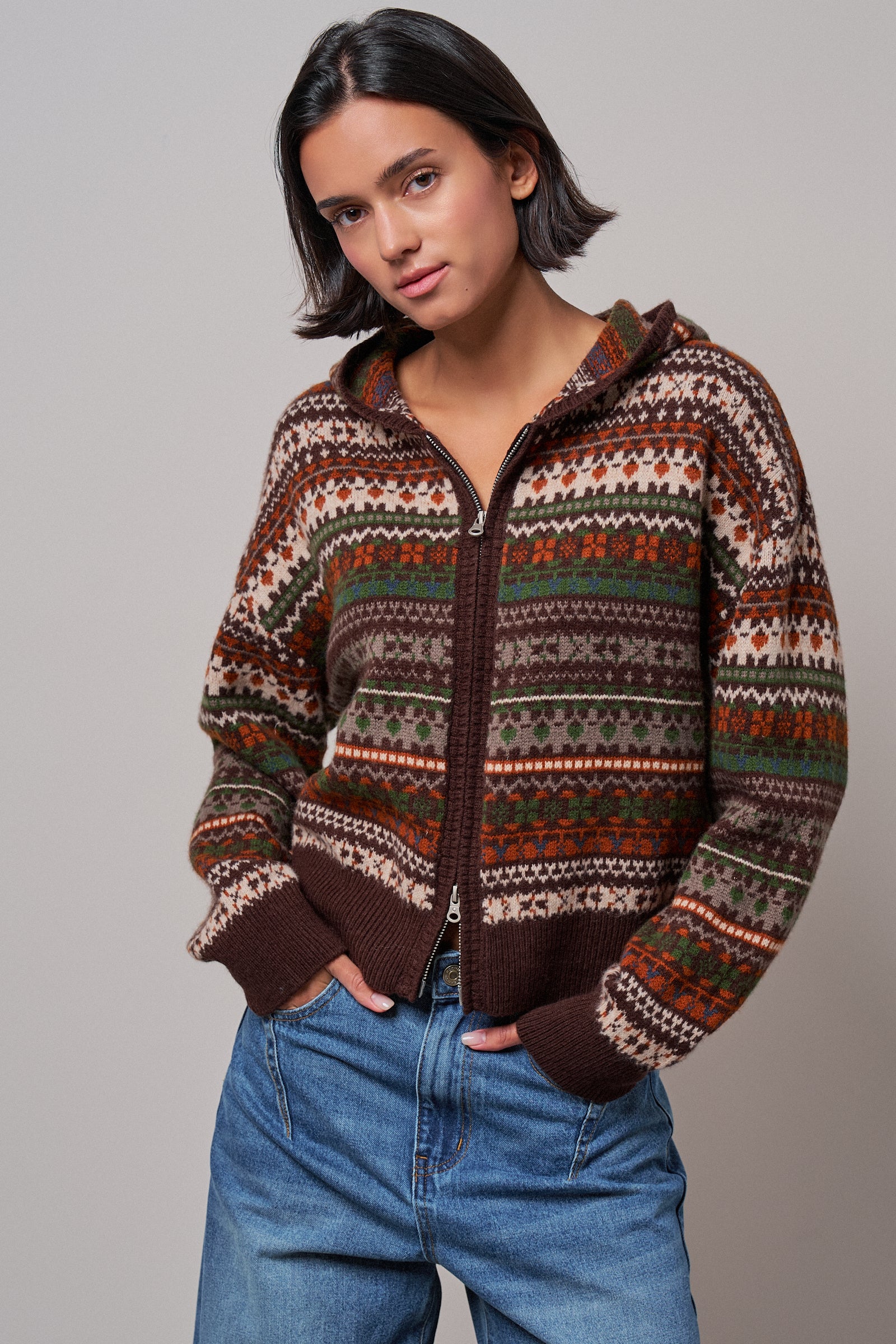 Fair Isle Hooded Zip Cardigan in BROWN - Women's SWEATERS | Urban Daizy