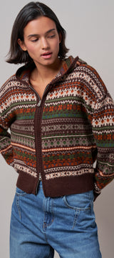 Fair Isle Hooded Zip Cardigan in BROWN - Women's SWEATERS | Urban Daizy