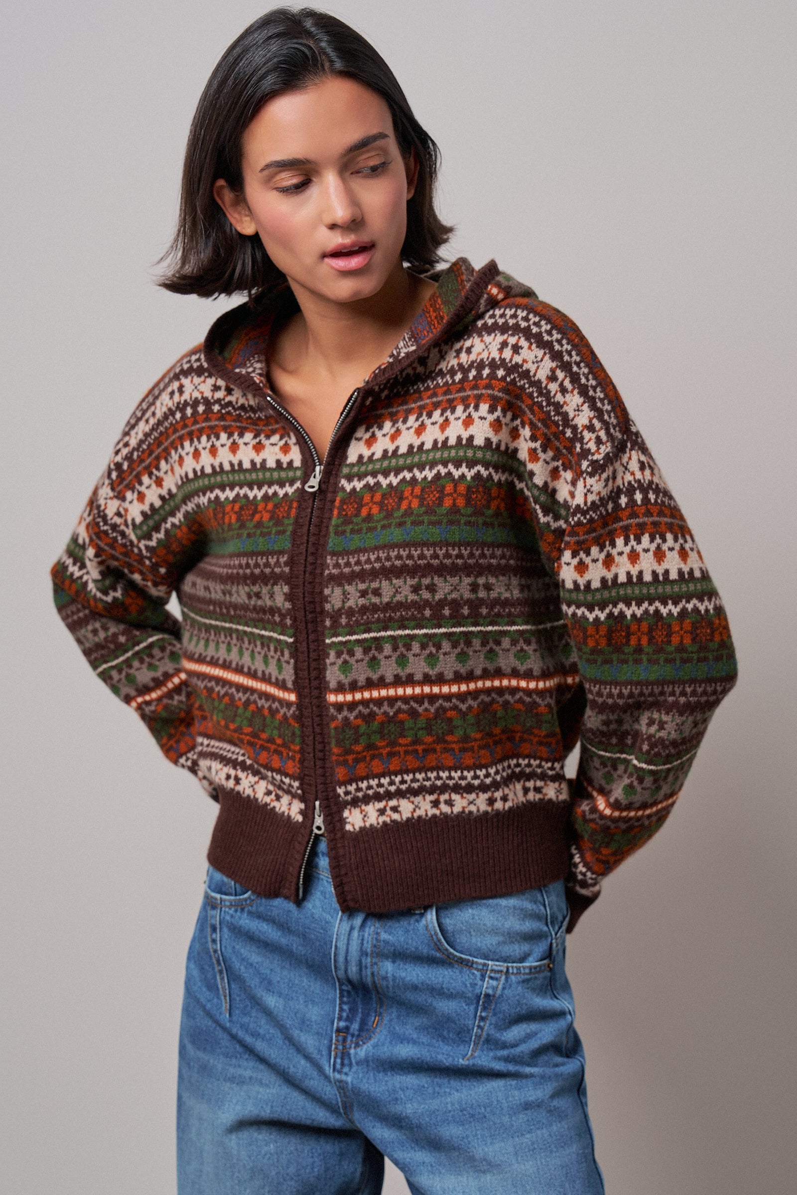 Fair Isle Hooded Zip Cardigan in BROWN - Women's SWEATERS | Urban Daizy