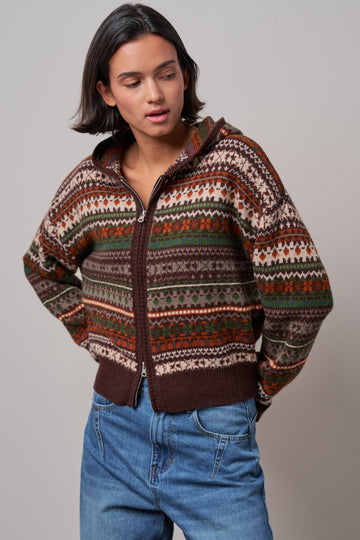 Fair Isle Hooded Zip-Up Cardigan Sweater