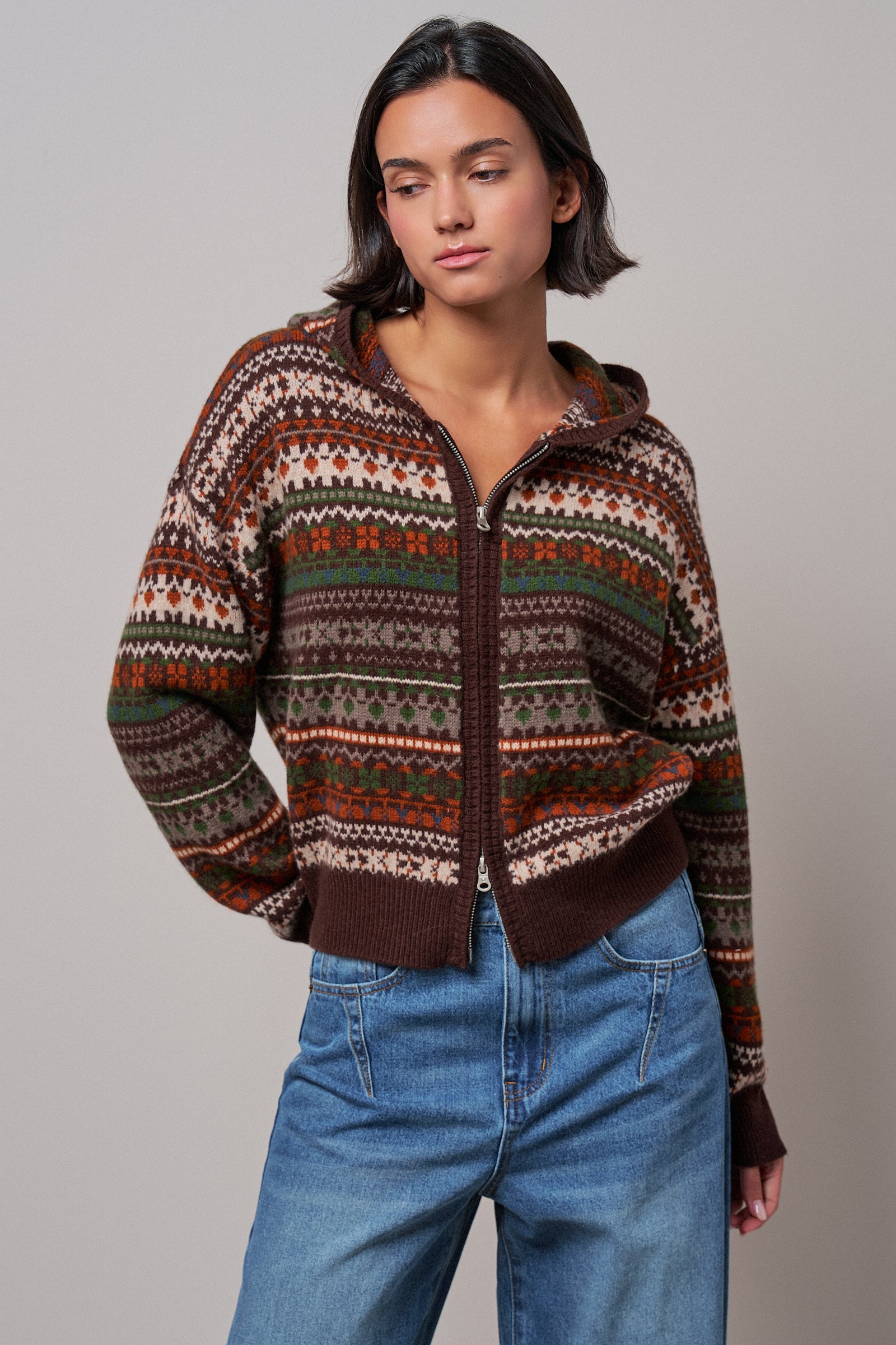 Fair Isle Hooded Zip Cardigan in BROWN - Women's SWEATERS | Urban Daizy