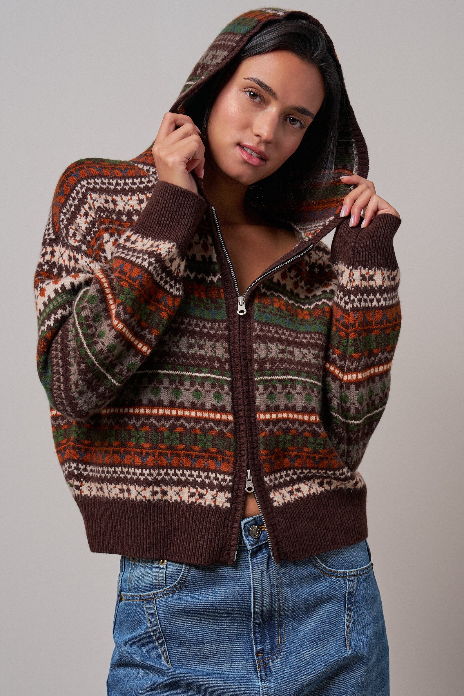 Fair Isle Hooded Zip Cardigan in BROWN - Women's SWEATERS | Urban Daizy