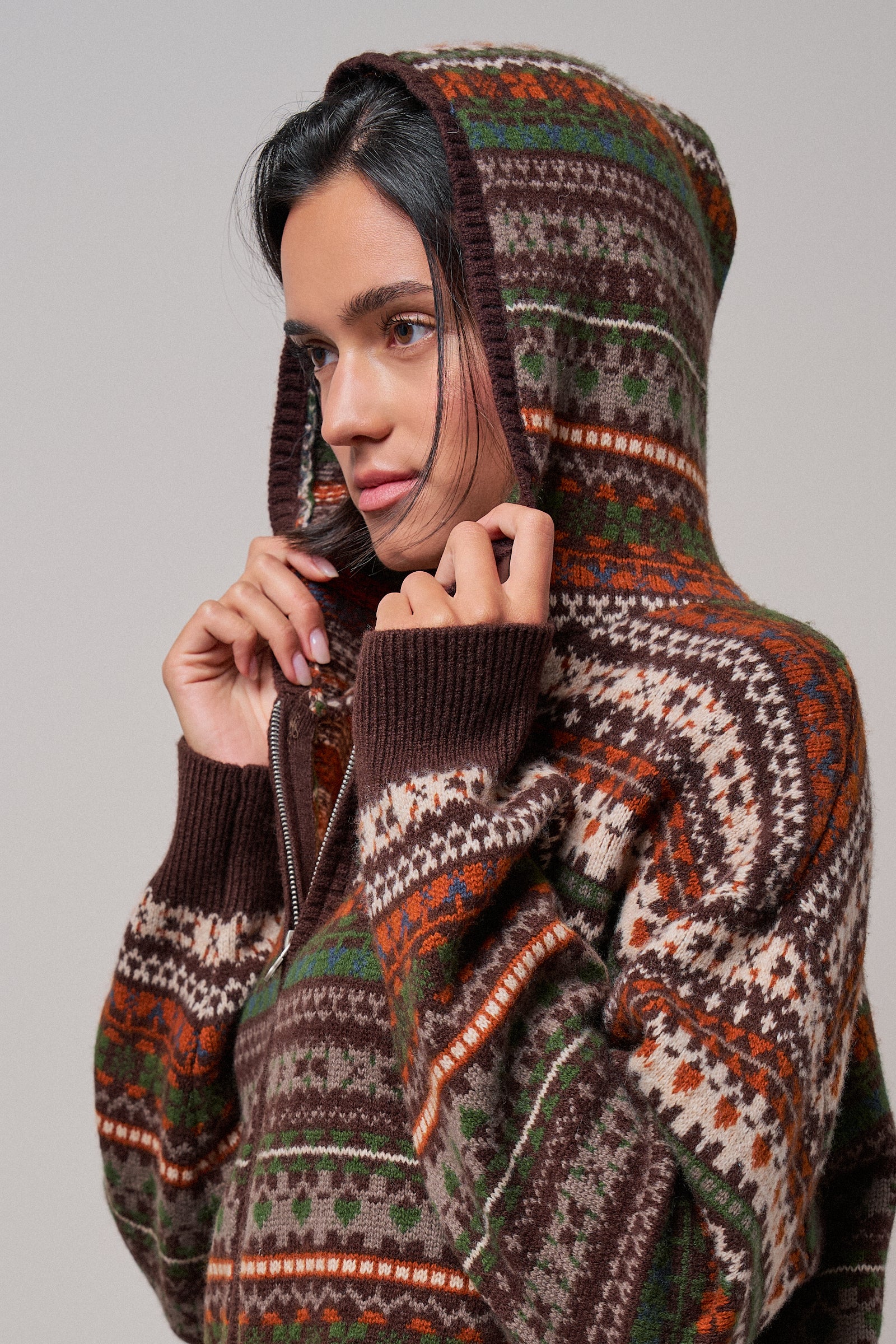 Fair Isle Hooded Zip Cardigan in BROWN - Women's SWEATERS | Urban Daizy