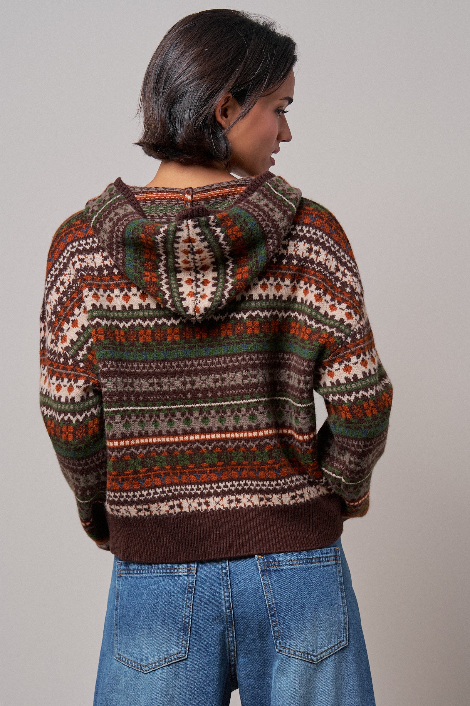 Fair Isle Hooded Zip Cardigan in BROWN - Women's SWEATERS | Urban Daizy