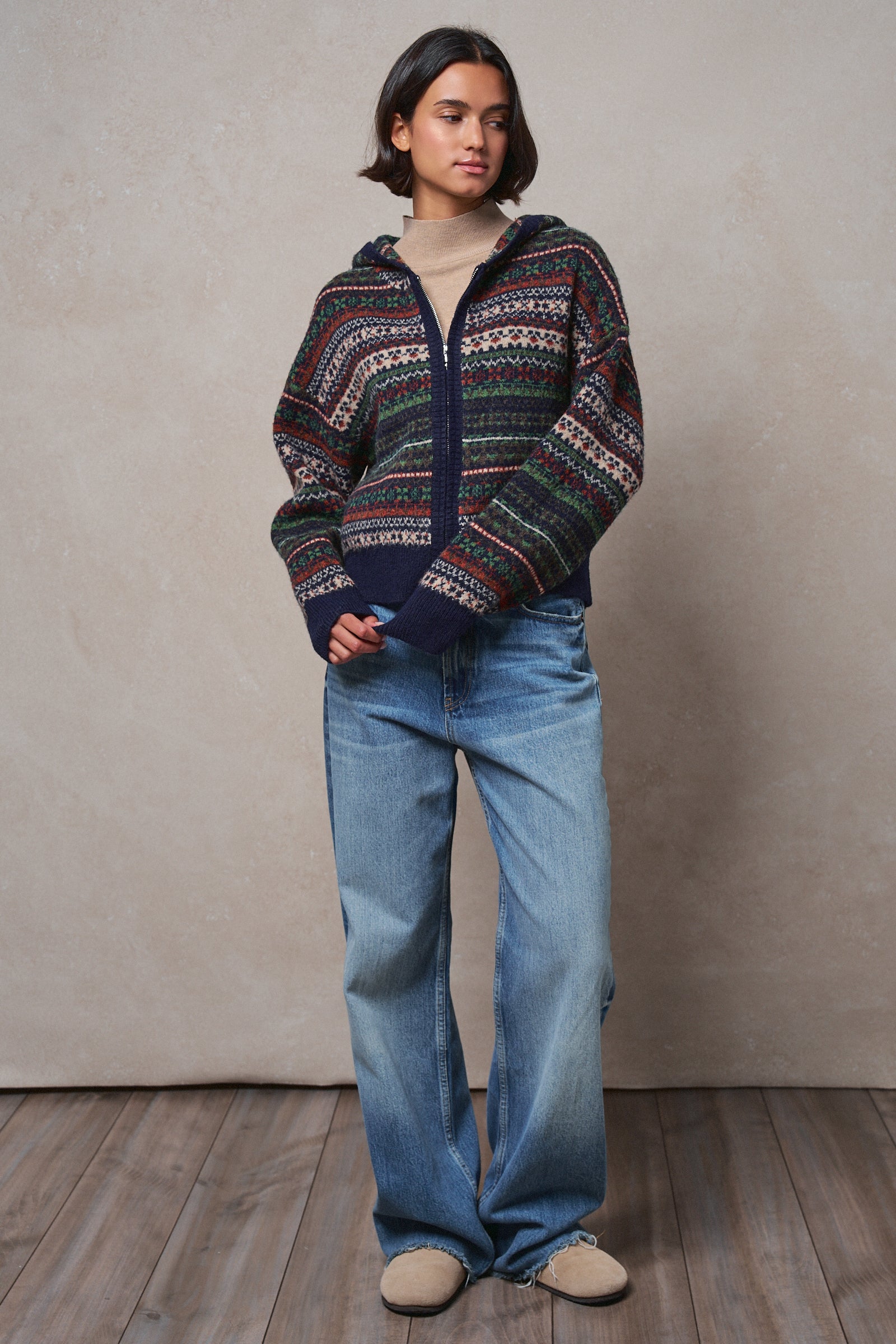 Fair Isle Hooded Zip Cardigan in NAVY - Women's SWEATERS | Urban Daizy