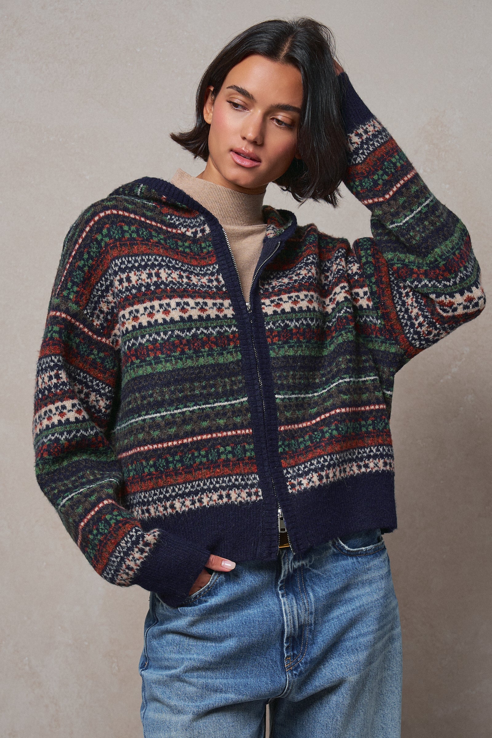 Fair Isle Hooded Zip Cardigan in NAVY - Women's SWEATERS | Urban Daizy